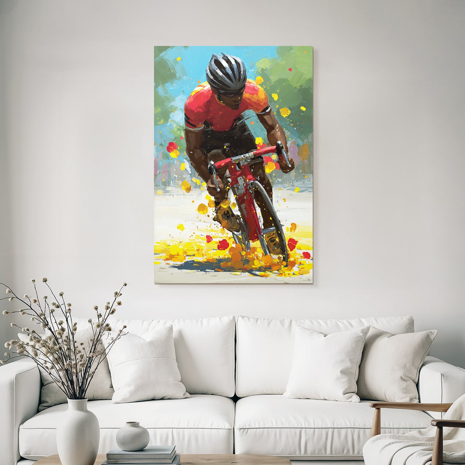 Dynamischer Cyclist In Bewegung Rot Orange Jersey Auf Rotem Fahrrad
