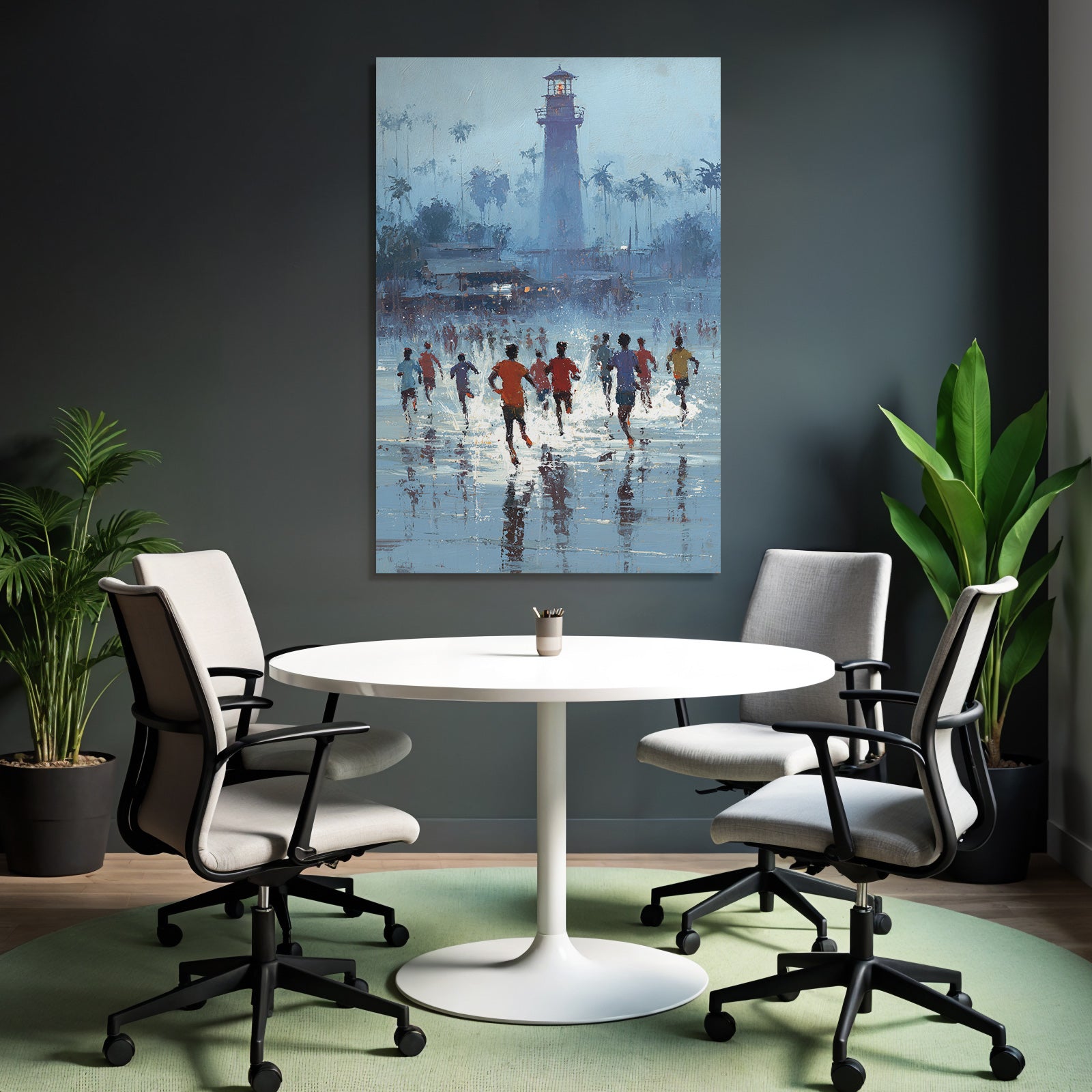 Gruppe Von Menschen Laeuft Am Strand Mit Leuchtturm Im Hintergrund