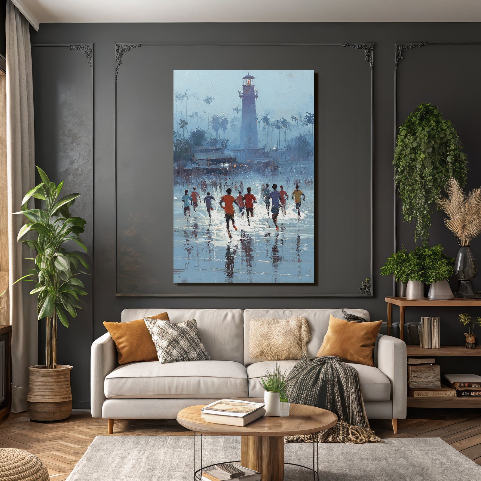 Gruppe Von Menschen Laeuft Am Strand Mit Leuchtturm Im Hintergrund