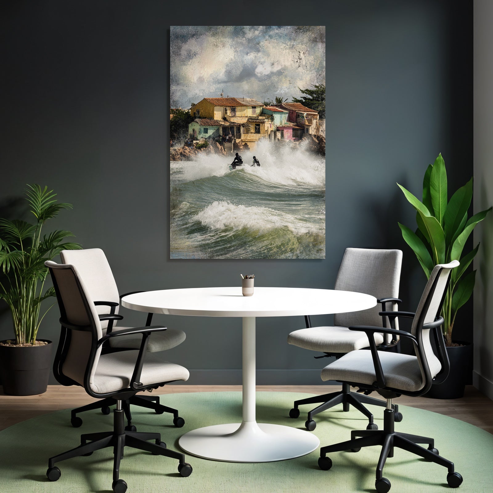 Küstenszene Surfer Und Lebendige Haeuser Mit Dramatischen Wolken
