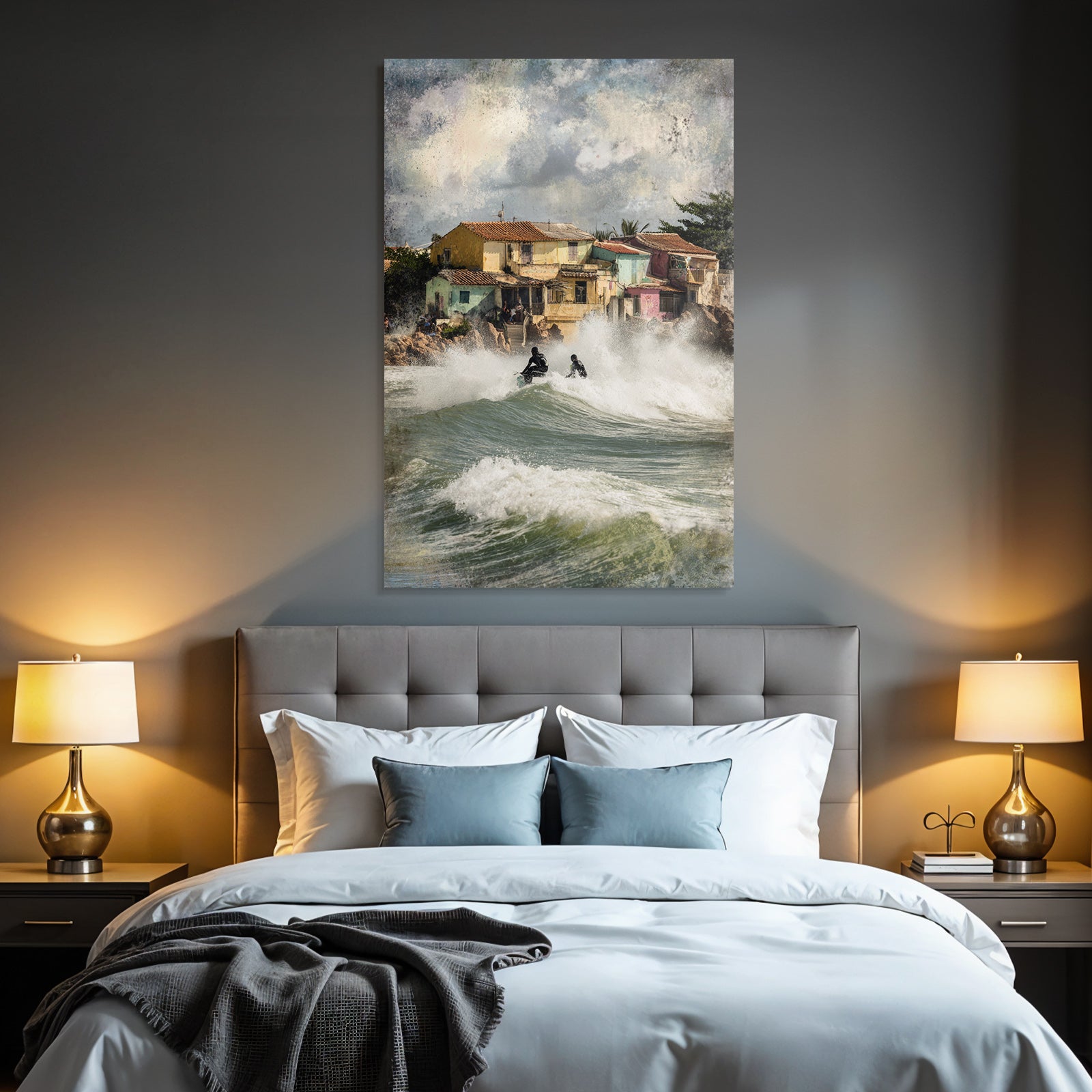 Küstenszene Surfer Und Lebendige Haeuser Mit Dramatischen Wolken