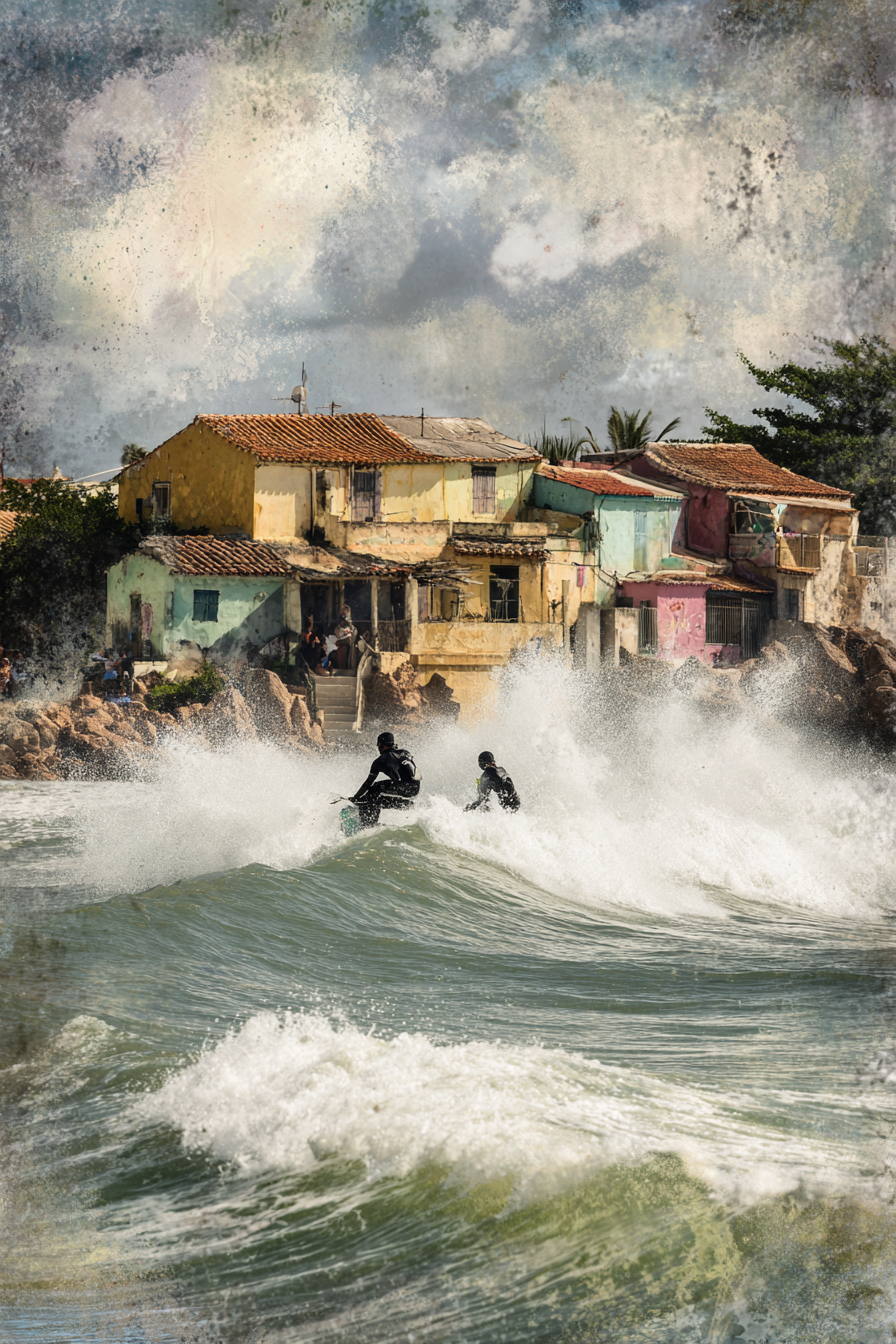 Küstenszene Surfer Und Lebendige Haeuser Mit Dramatischen Wolken | Sport und Bewegung | Themen und Hobbys