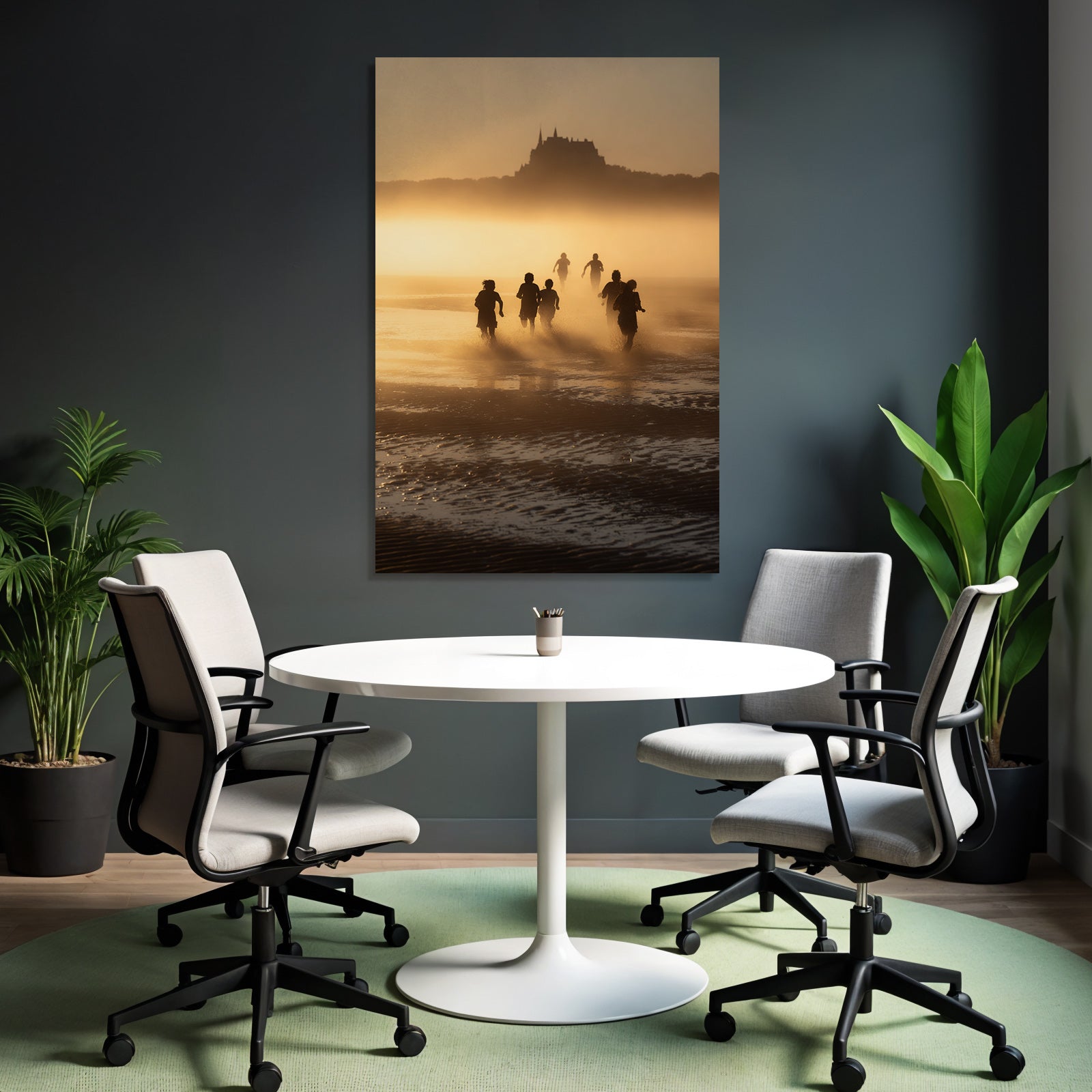 Laufende Menschen Am Strand Bei Sonnenuntergang Mit Burg Im Hintergrund