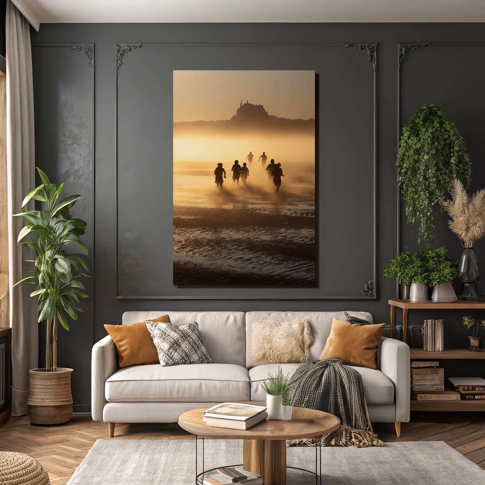 Laufende Menschen Am Strand Bei Sonnenuntergang Mit Burg Im Hintergrund