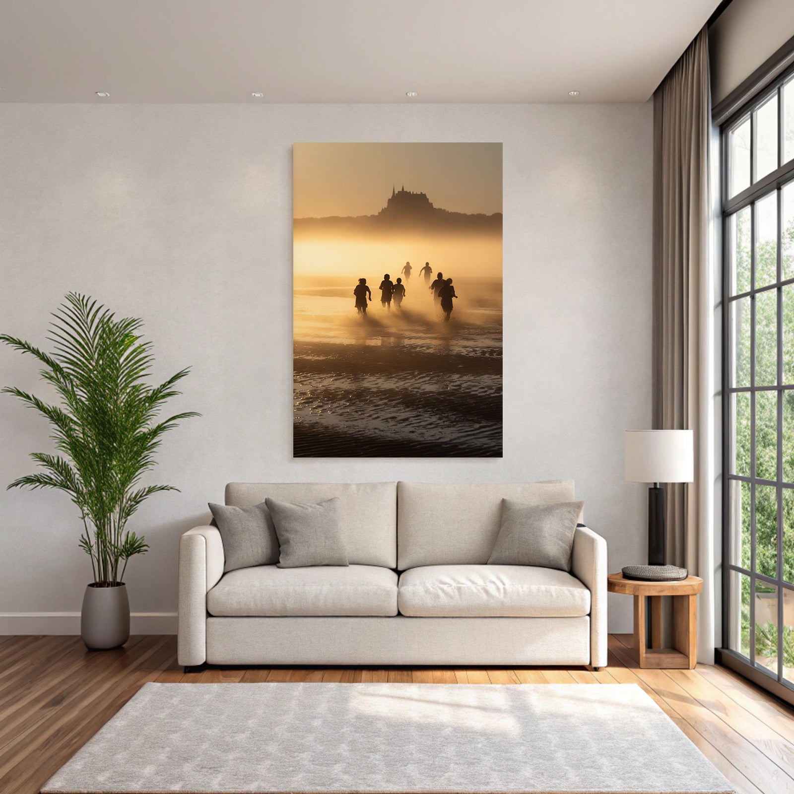 Laufende Menschen Am Strand Bei Sonnenuntergang Mit Burg Im Hintergrund