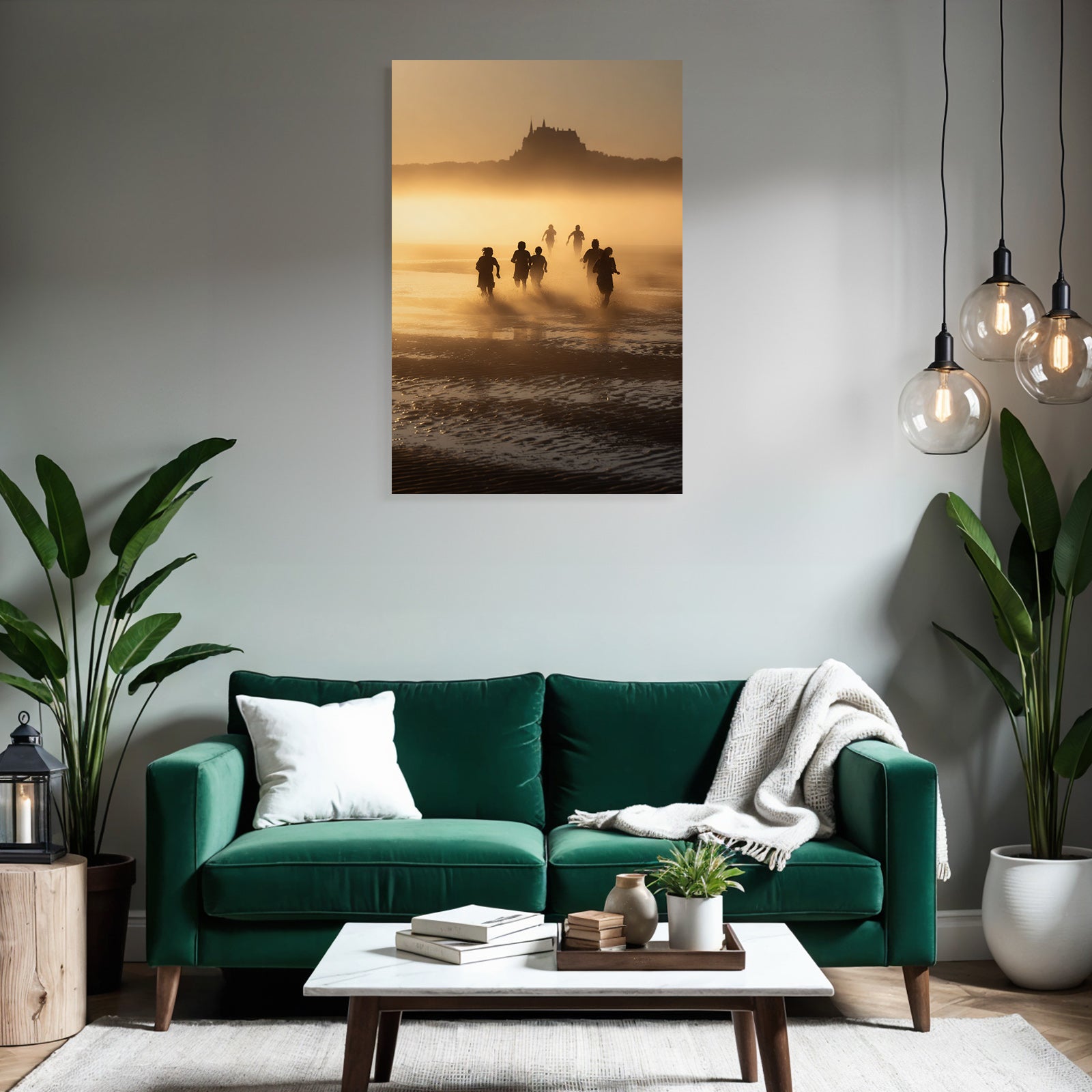 Laufende Menschen Am Strand Bei Sonnenuntergang Mit Burg Im Hintergrund