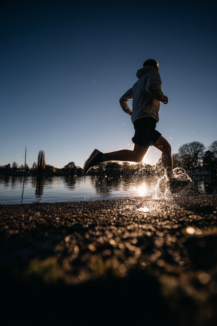 Laufender Sportler Im Sunset Am See Splashing Durch Wasser | Sport und Bewegung | Themen und Hobbys