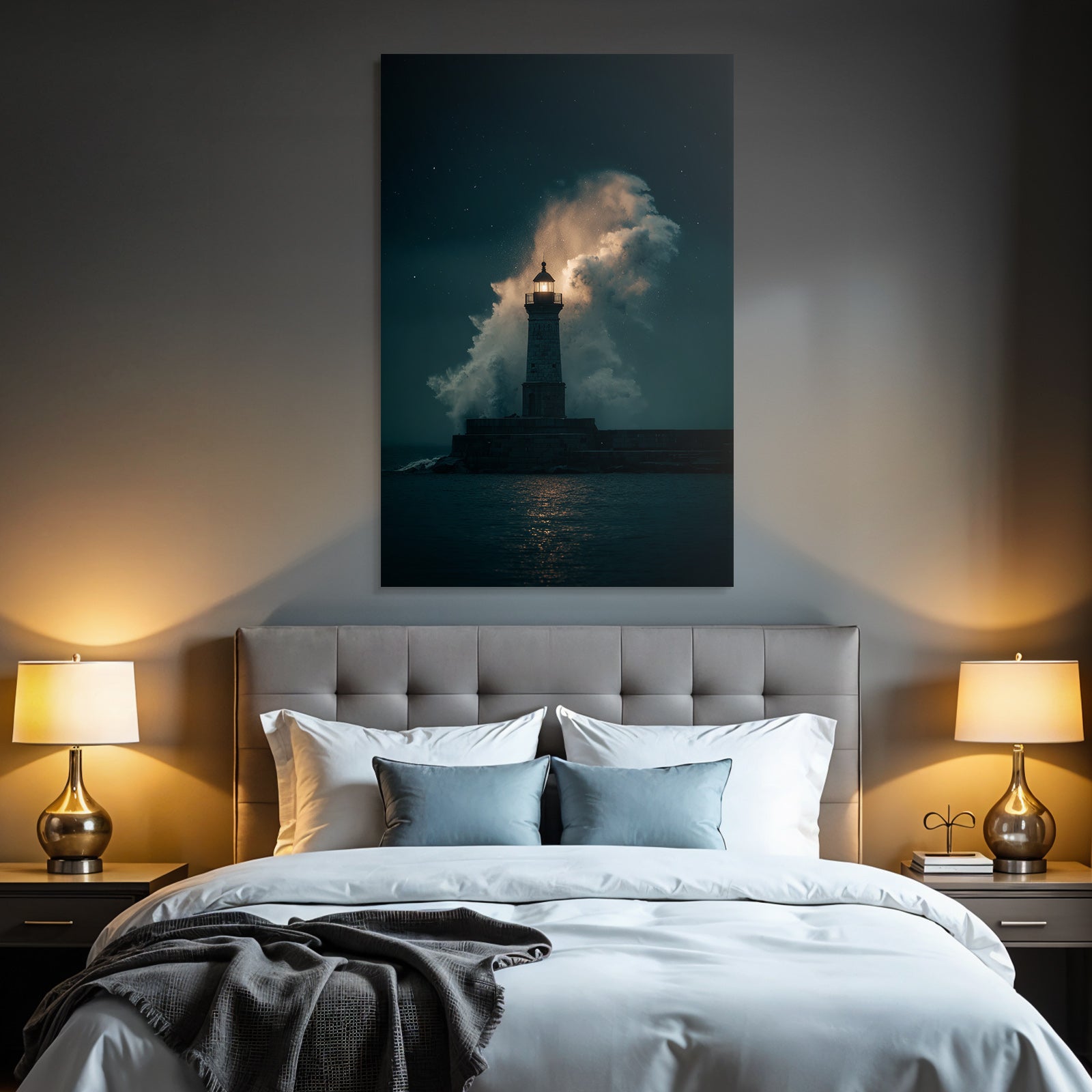 Leuchtturm Auf Steinpier Bei Sturm Nacht Hintergrund