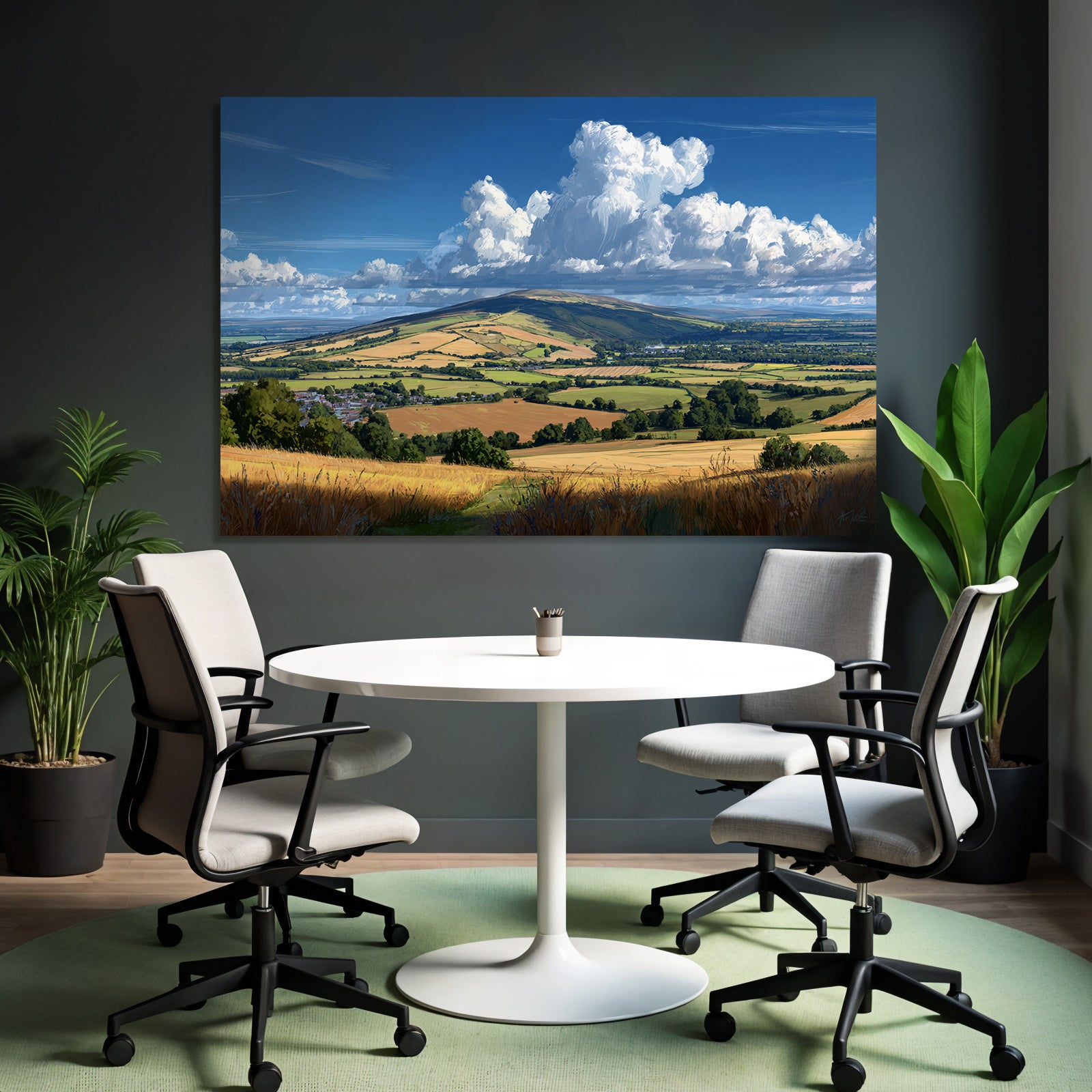 Scenic Landscape Mit Hügeln Feldern Und Strahlen Blaüm Himmel