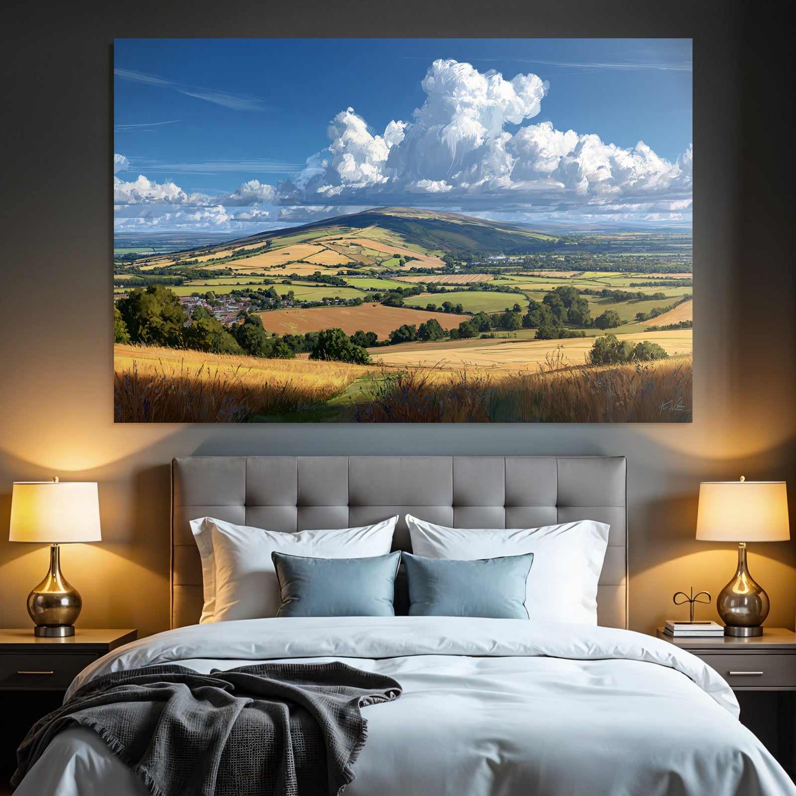 Scenic Landscape Mit Hügeln Feldern Und Strahlen Blaüm Himmel