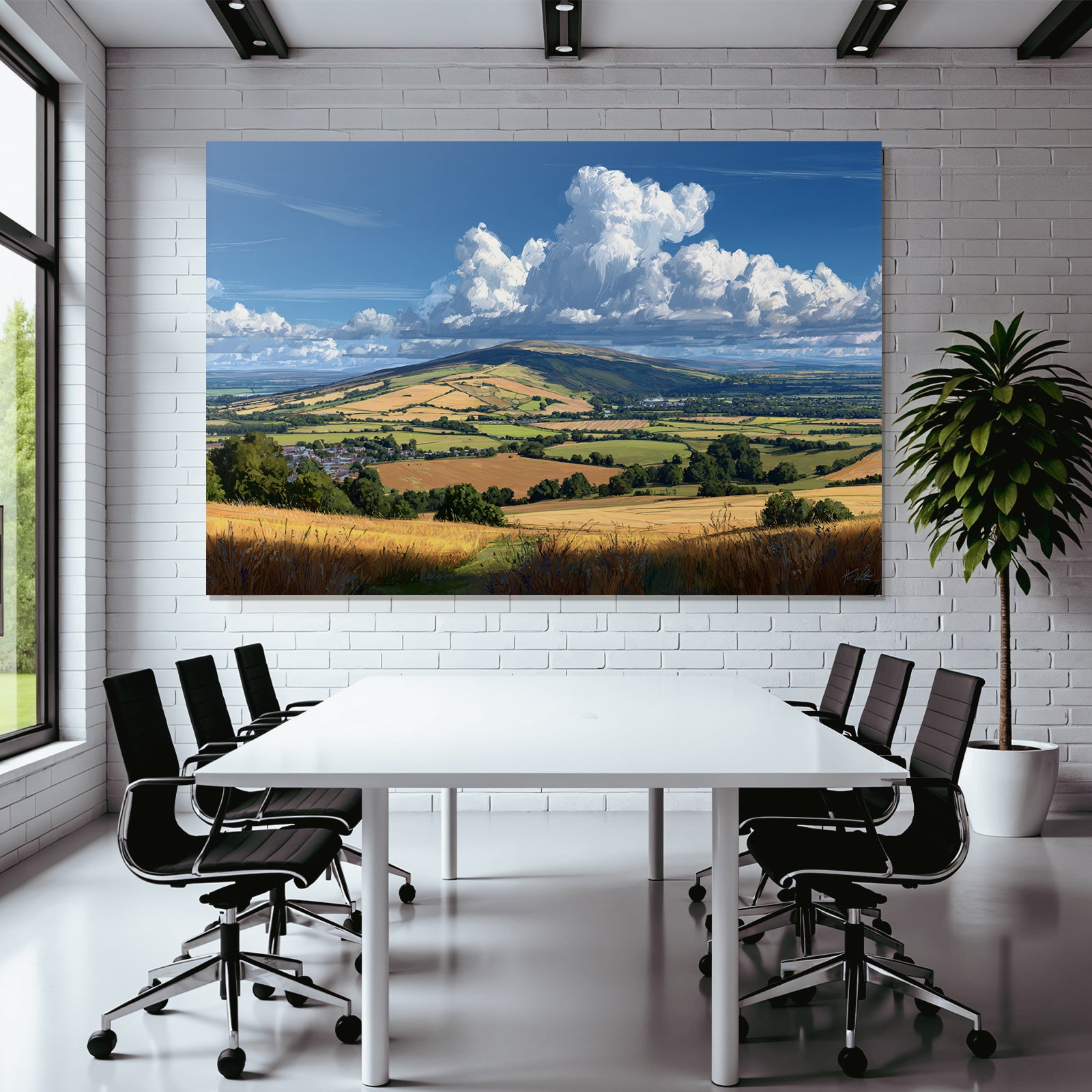 Scenic Landscape Mit Hügeln Feldern Und Strahlen Blaüm Himmel