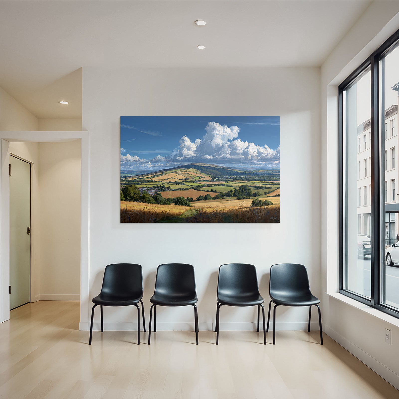 Scenic Landscape Mit Hügeln Feldern Und Strahlen Blaüm Himmel