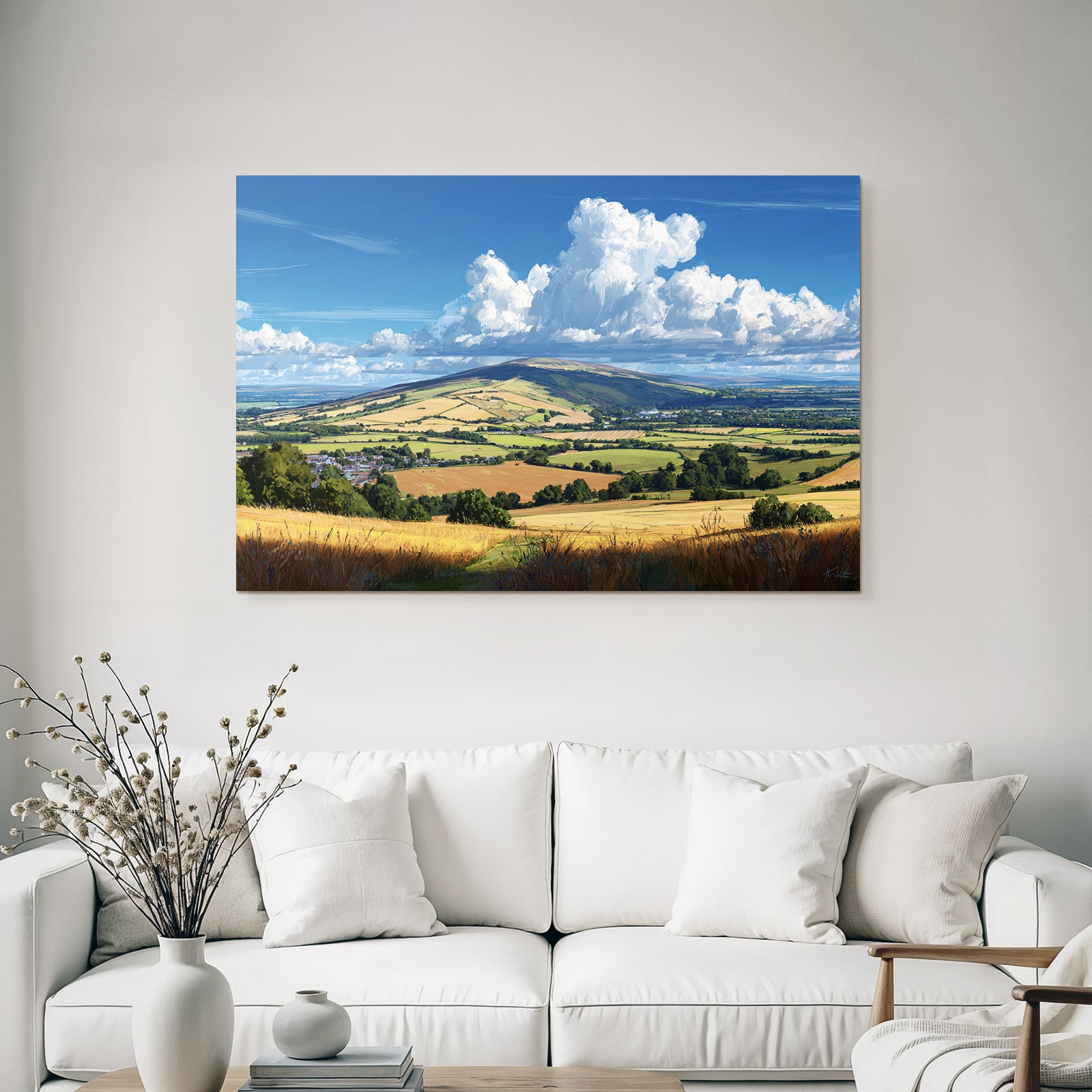 Scenic Landscape Mit Hügeln Feldern Und Strahlen Blaüm Himmel
