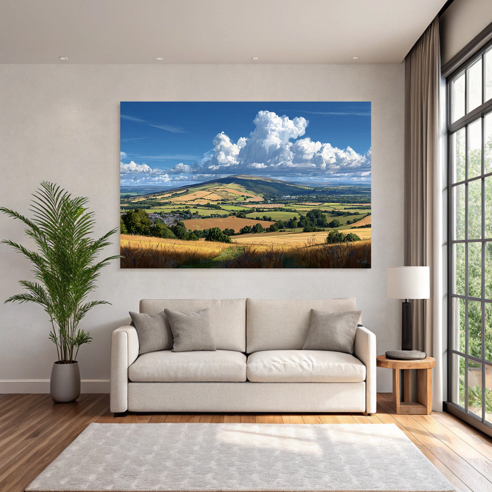 Scenic Landscape Mit Hügeln Feldern Und Strahlen Blaüm Himmel