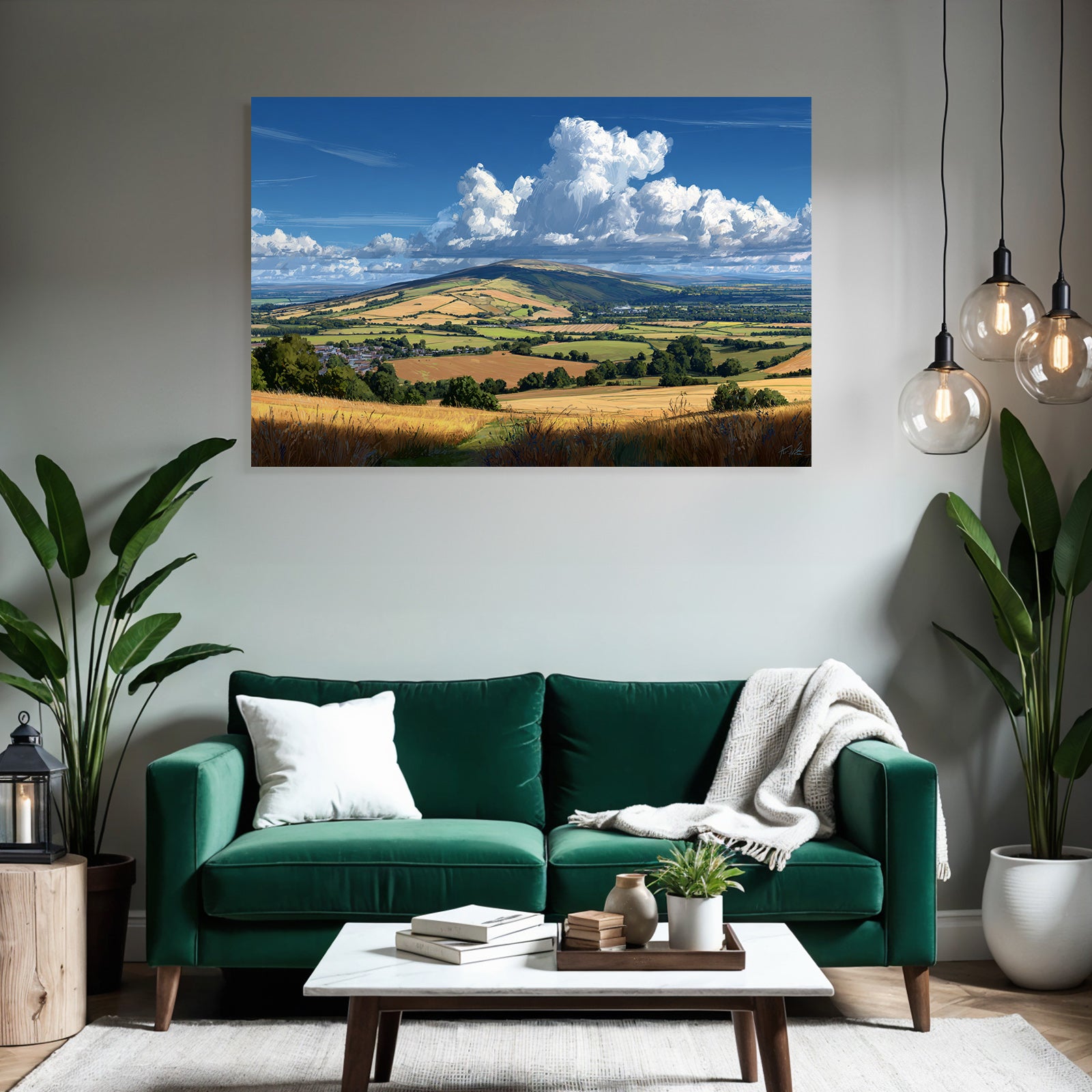 Scenic Landscape Mit Hügeln Feldern Und Strahlen Blaüm Himmel