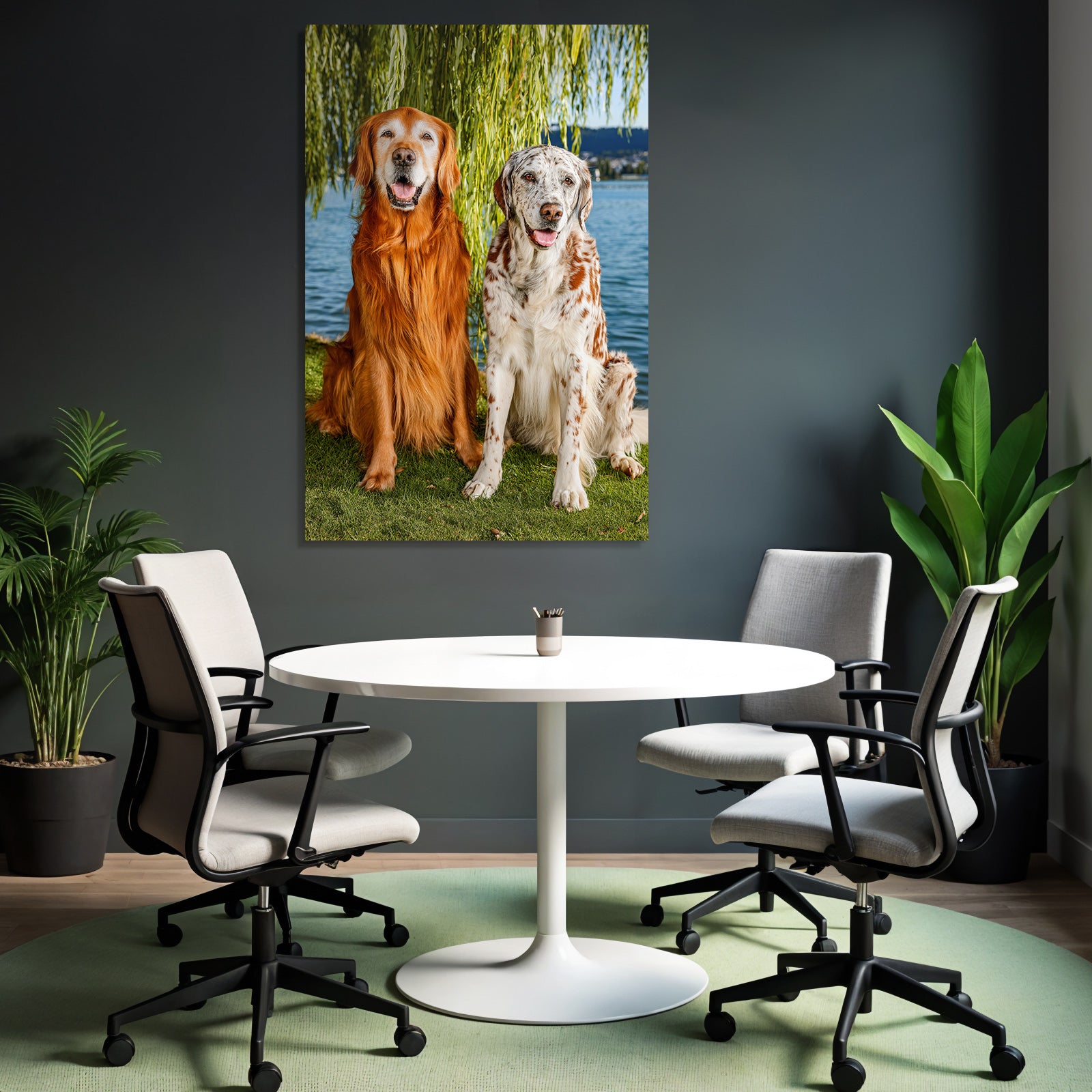 Sitzen Vor Natur Bei Wasser Goldener Und Weisser Fell Mit Braunen Flecken