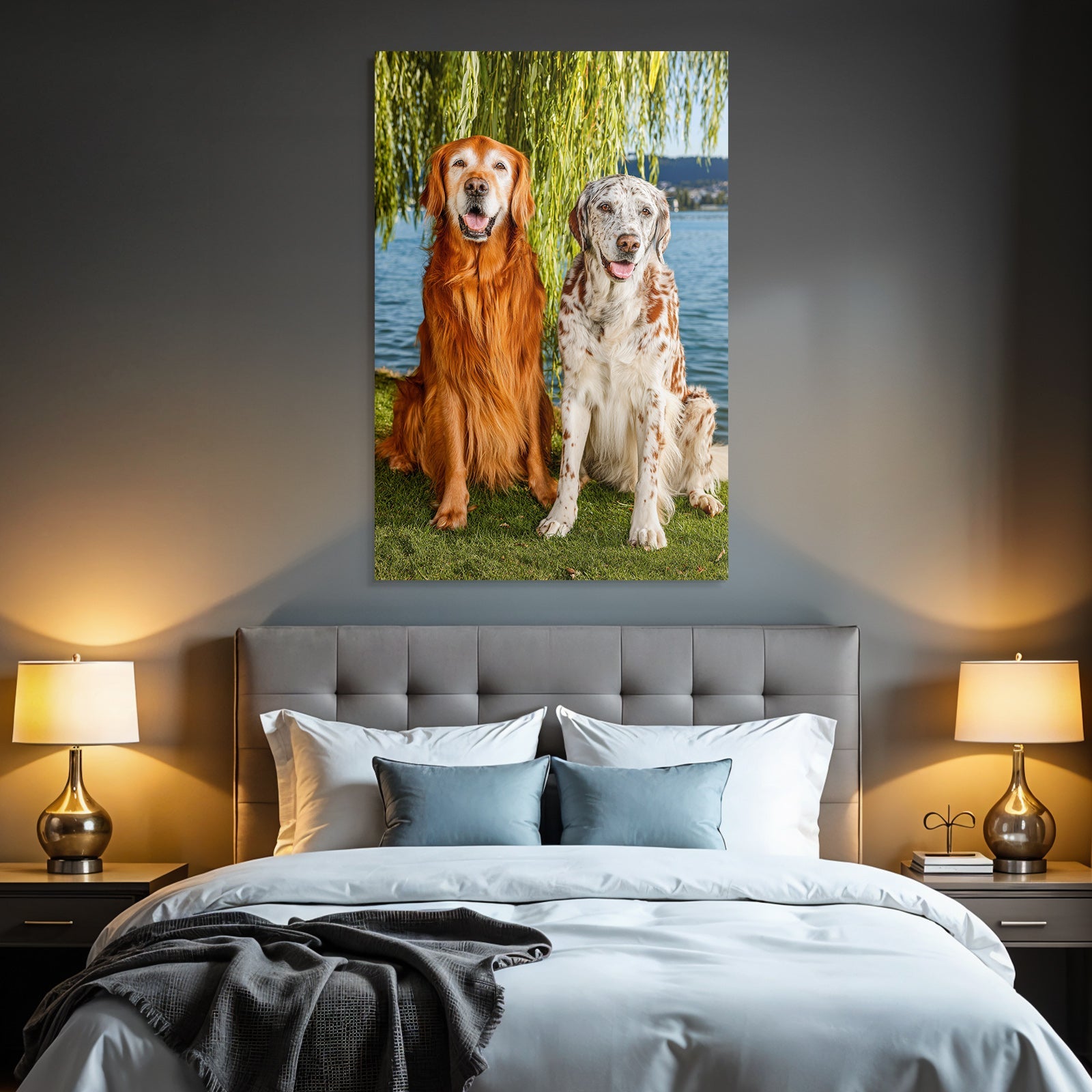 Sitzen Vor Natur Bei Wasser Goldener Und Weisser Fell Mit Braunen Flecken