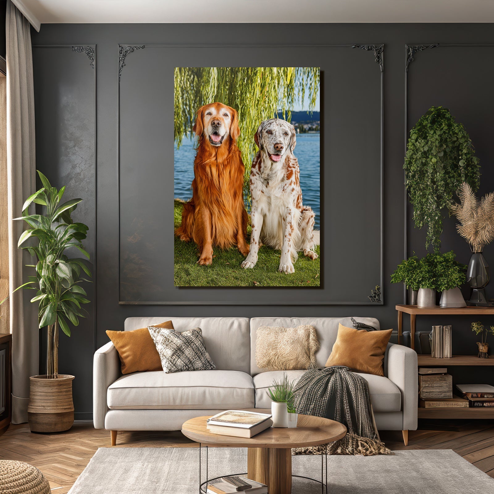 Sitzen Vor Natur Bei Wasser Goldener Und Weisser Fell Mit Braunen Flecken