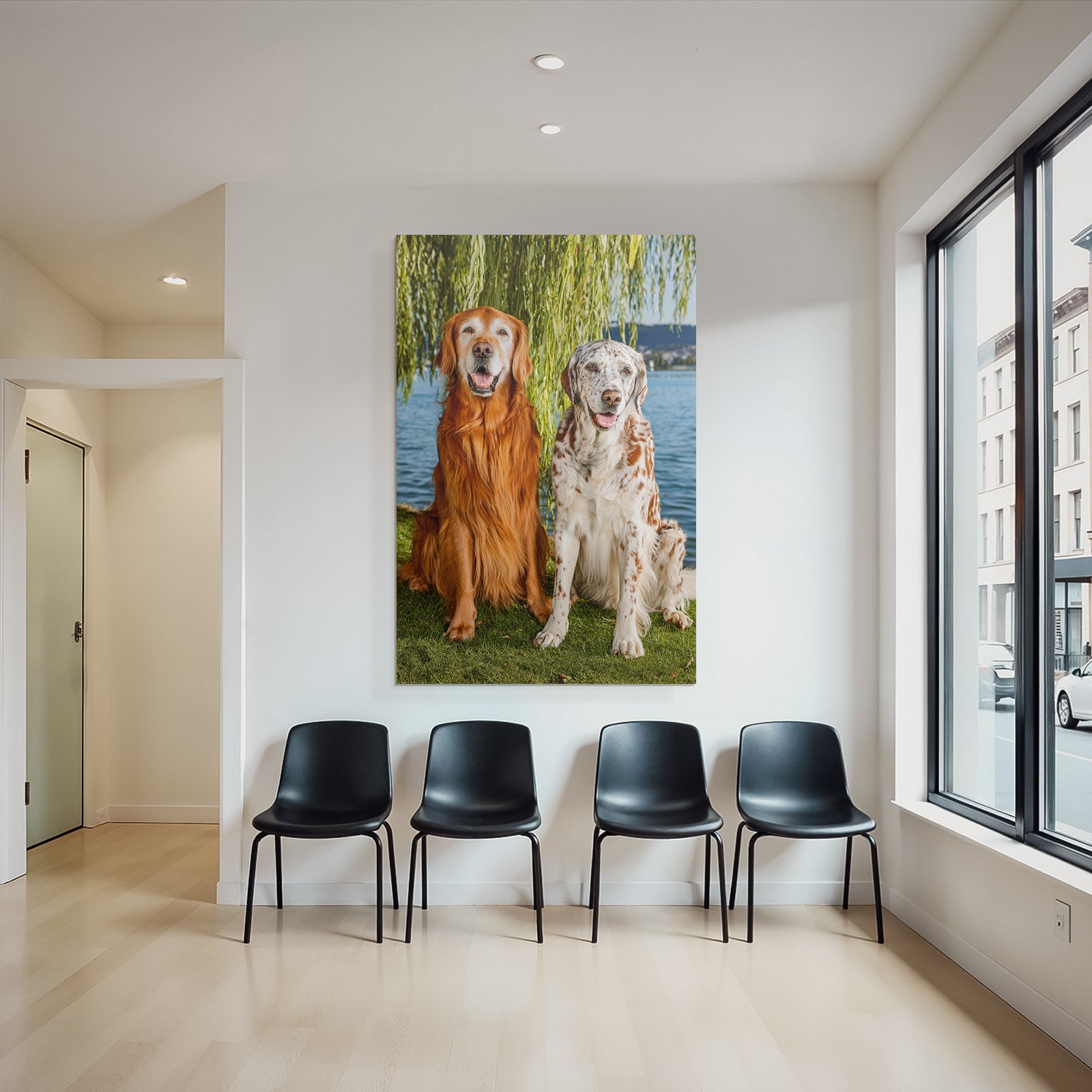 Sitzen Vor Natur Bei Wasser Goldener Und Weisser Fell Mit Braunen Flecken