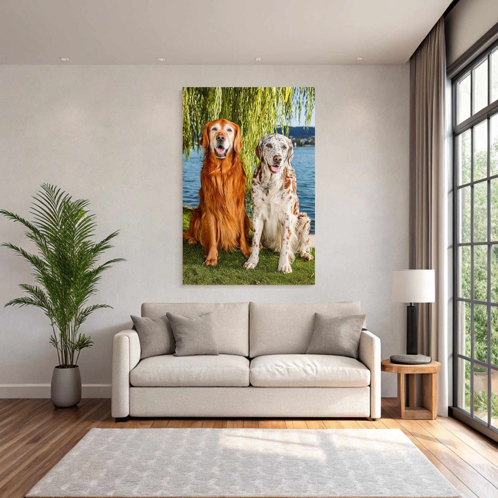 Sitzen Vor Natur Bei Wasser Goldener Und Weisser Fell Mit Braunen Flecken