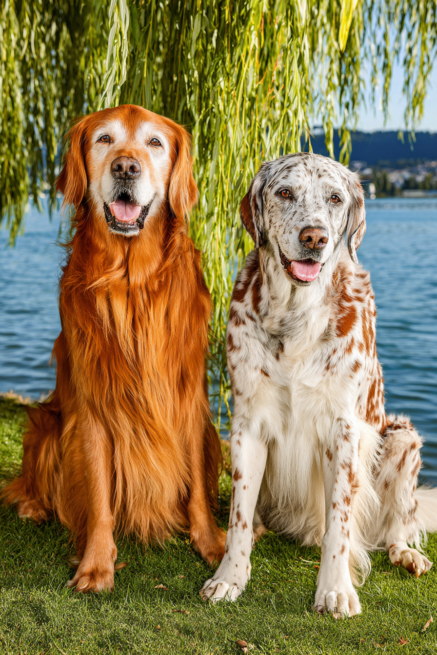 Sitzen Vor Natur Bei Wasser Goldener Und Weisser Fell Mit Braunen Flecken | Katzen und Hunde | Tiere