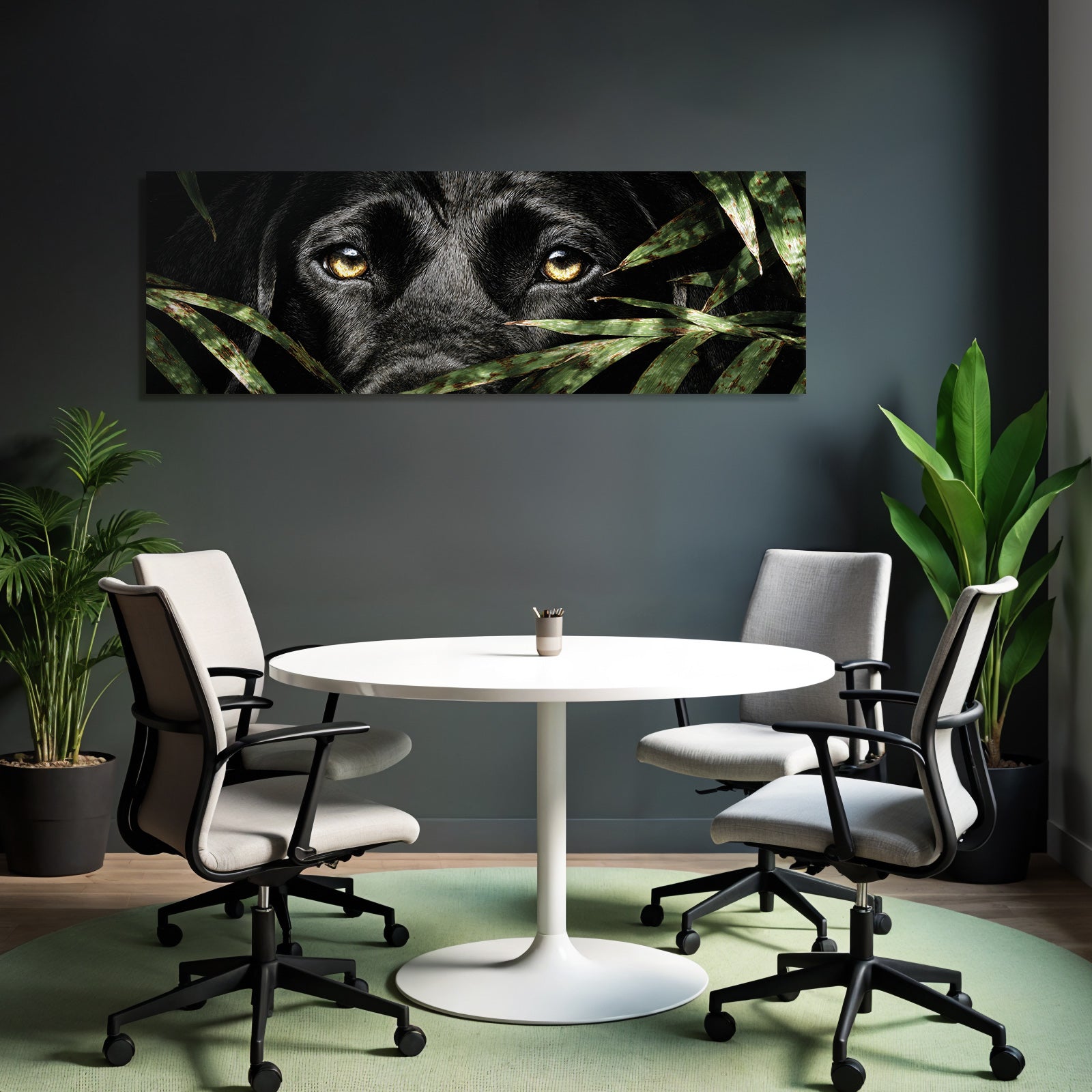 Schwarzer Hund Mit Goldenen Augen Im Blattwerk