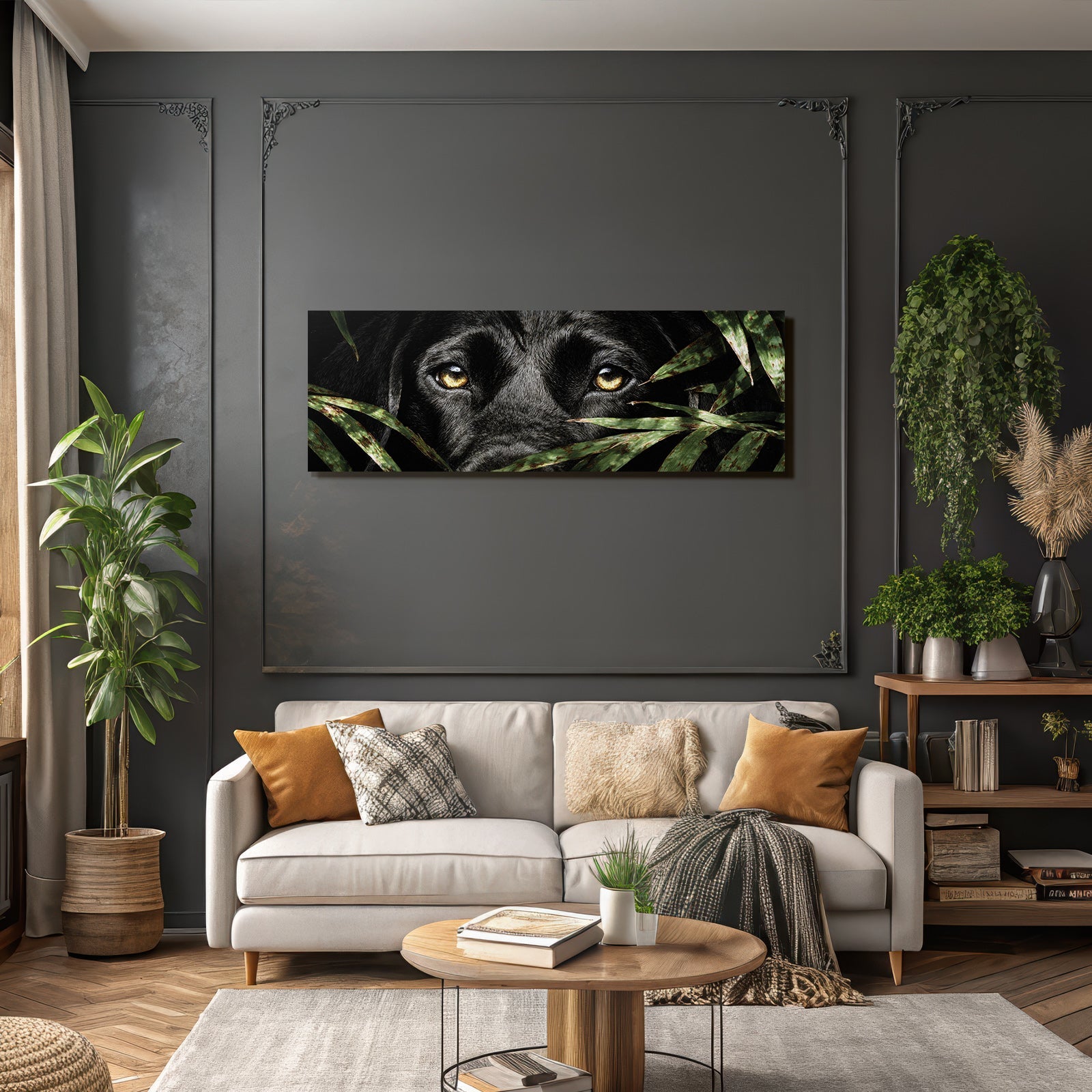 Schwarzer Hund Mit Goldenen Augen Im Blattwerk