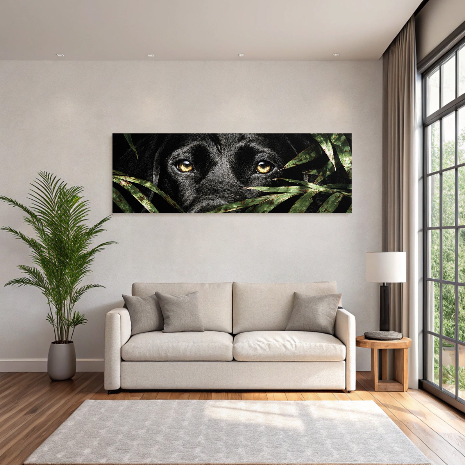 Schwarzer Hund Mit Goldenen Augen Im Blattwerk