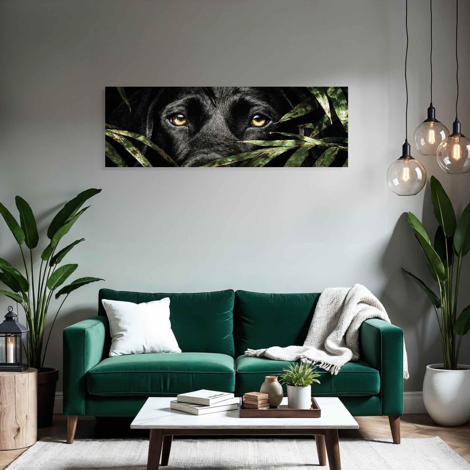 Schwarzer Hund Mit Goldenen Augen Im Blattwerk