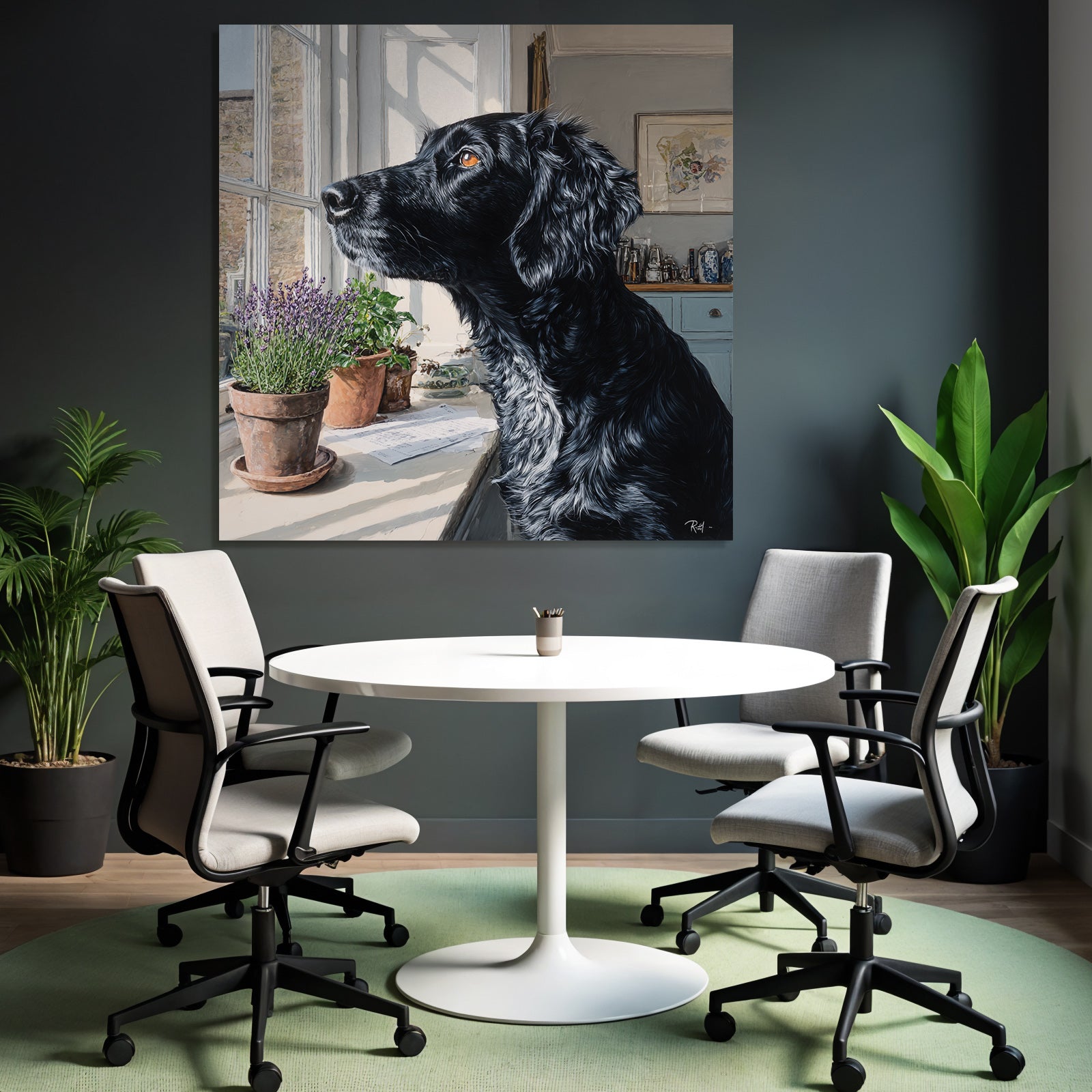 Schwarzer Hund Am Fenster Mit Blumentöpfen Im Hintergrund