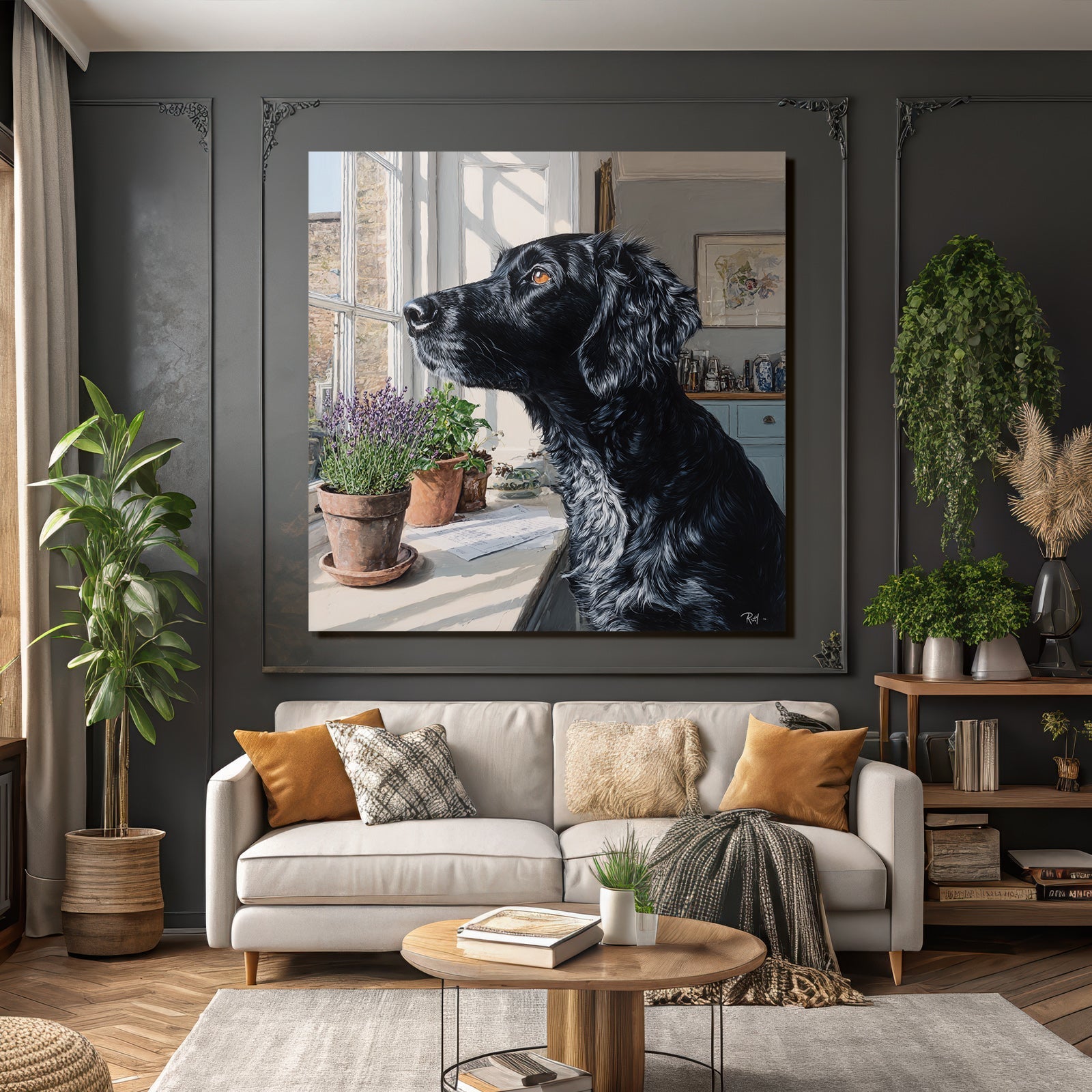 Schwarzer Hund Am Fenster Mit Blumentöpfen Im Hintergrund