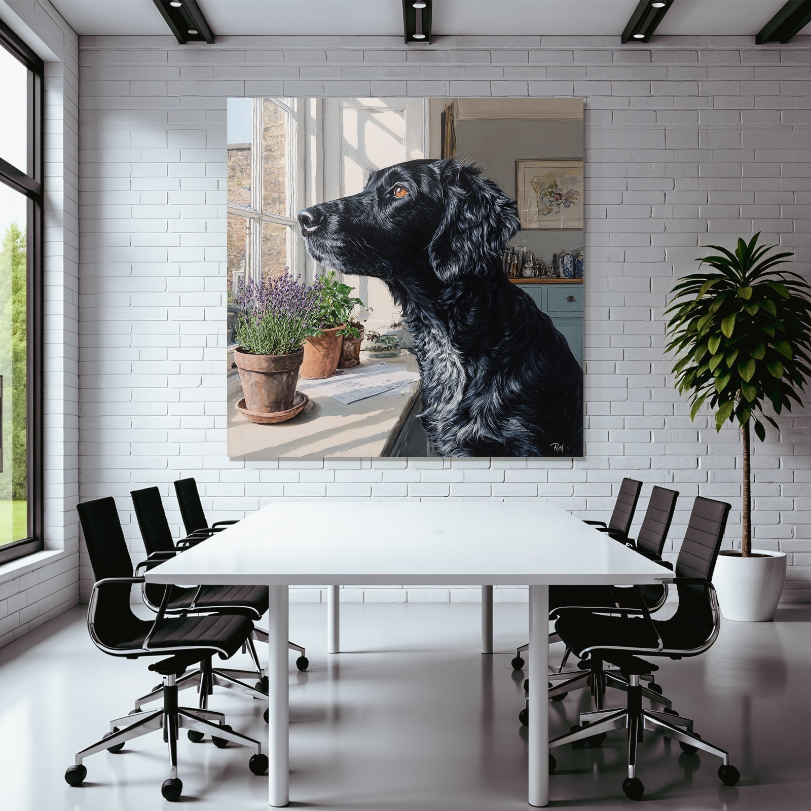 Schwarzer Hund Am Fenster Mit Blumentöpfen Im Hintergrund