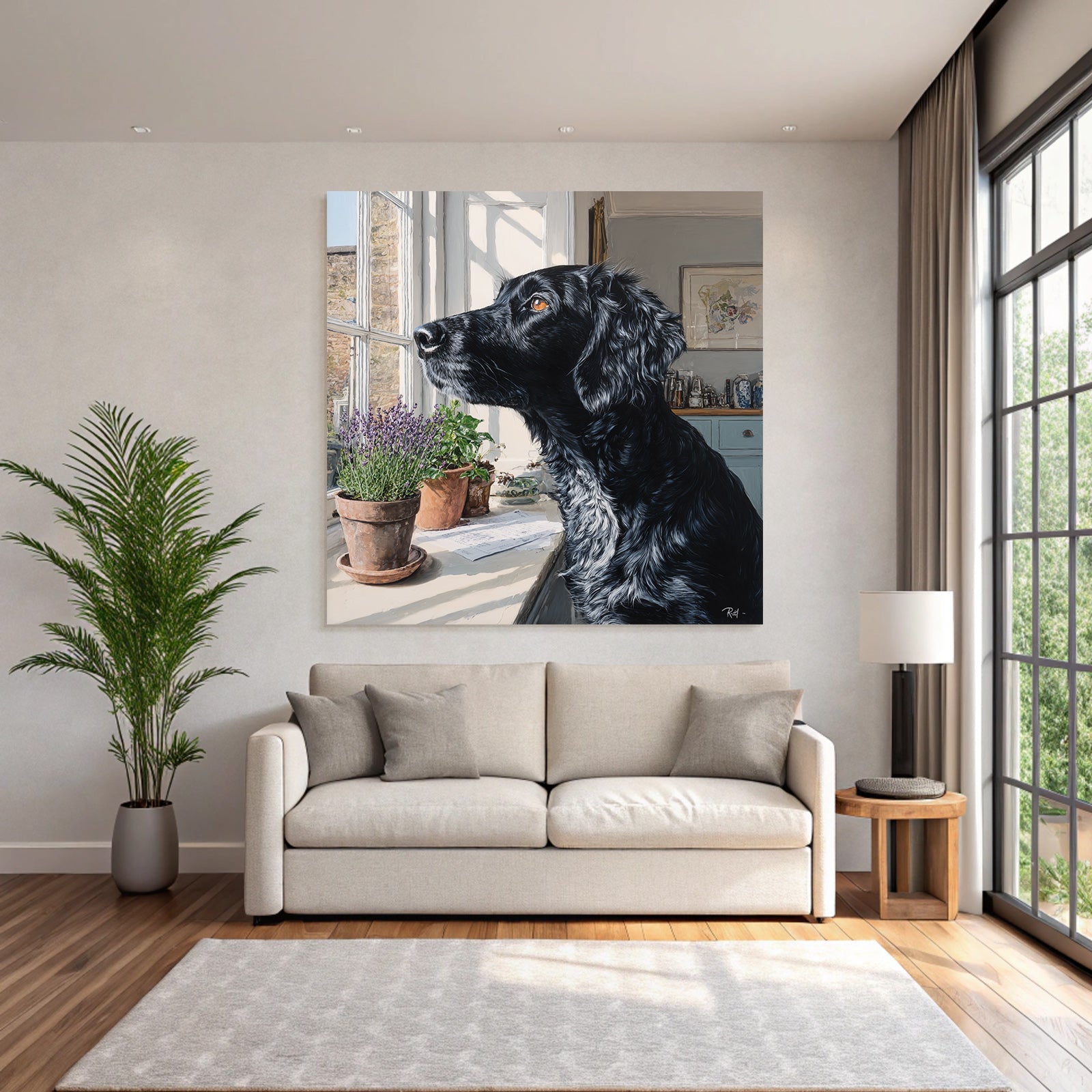 Schwarzer Hund Am Fenster Mit Blumentöpfen Im Hintergrund