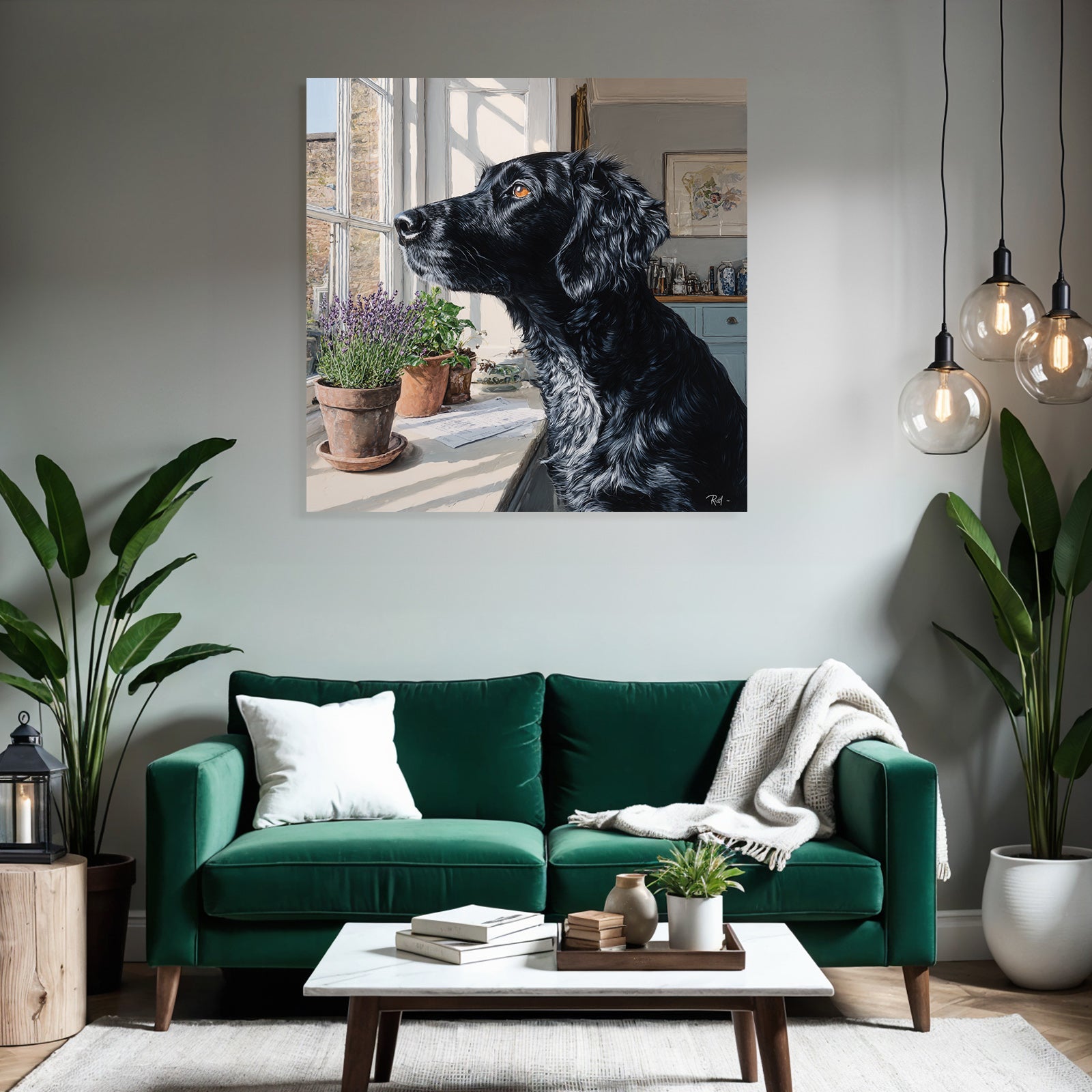 Schwarzer Hund Am Fenster Mit Blumentöpfen Im Hintergrund