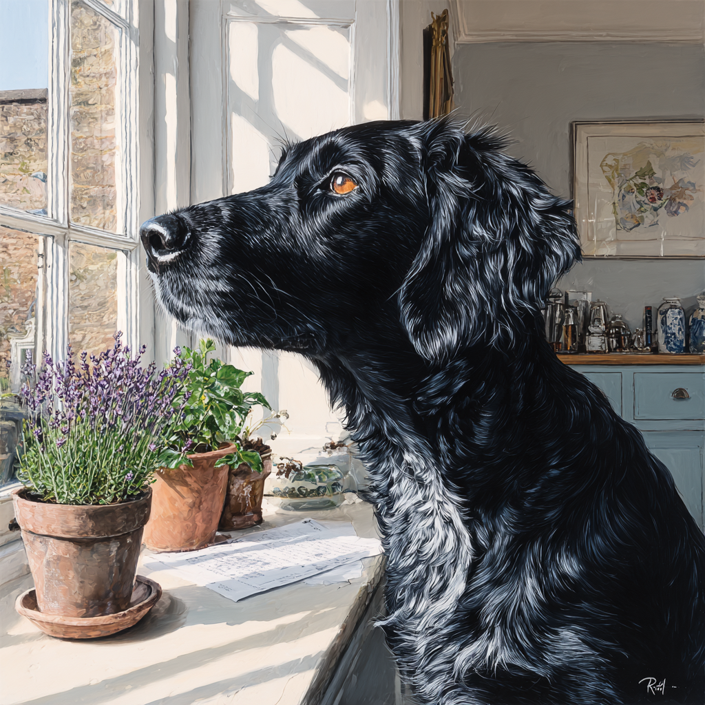 Schwarzer Hund Am Fenster Mit Blumentöpfen Im Hintergrund | Katzen und Hunde | Tiere