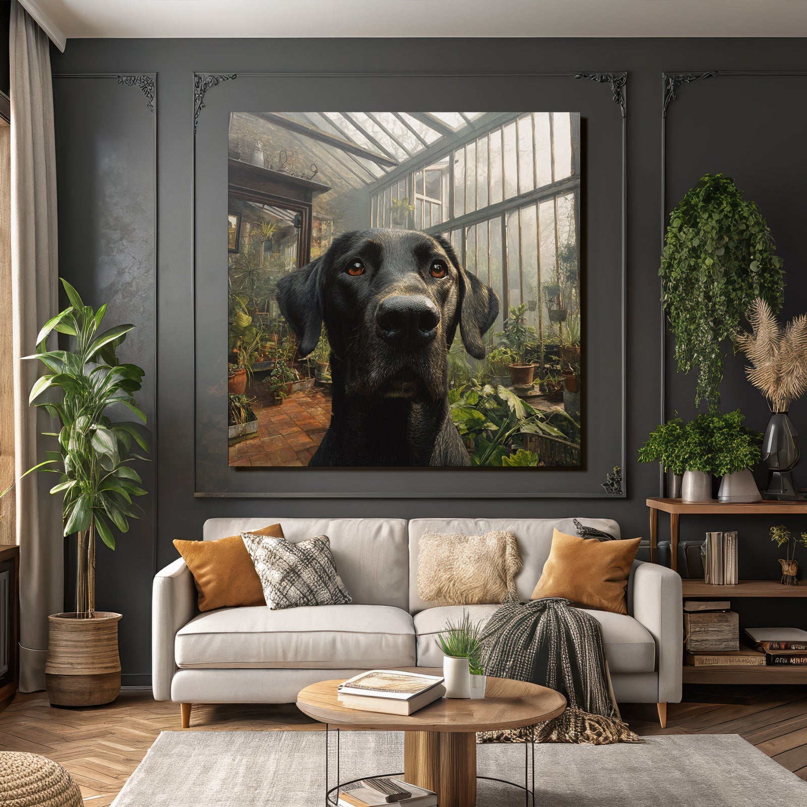 Schwarzer Hund Im Biotop Mit Pflanzen