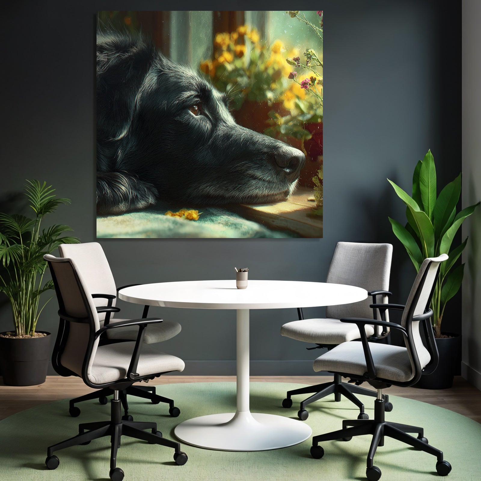 Schwarzer Hund In Der Sonne Mit Blumen Neben Fenster