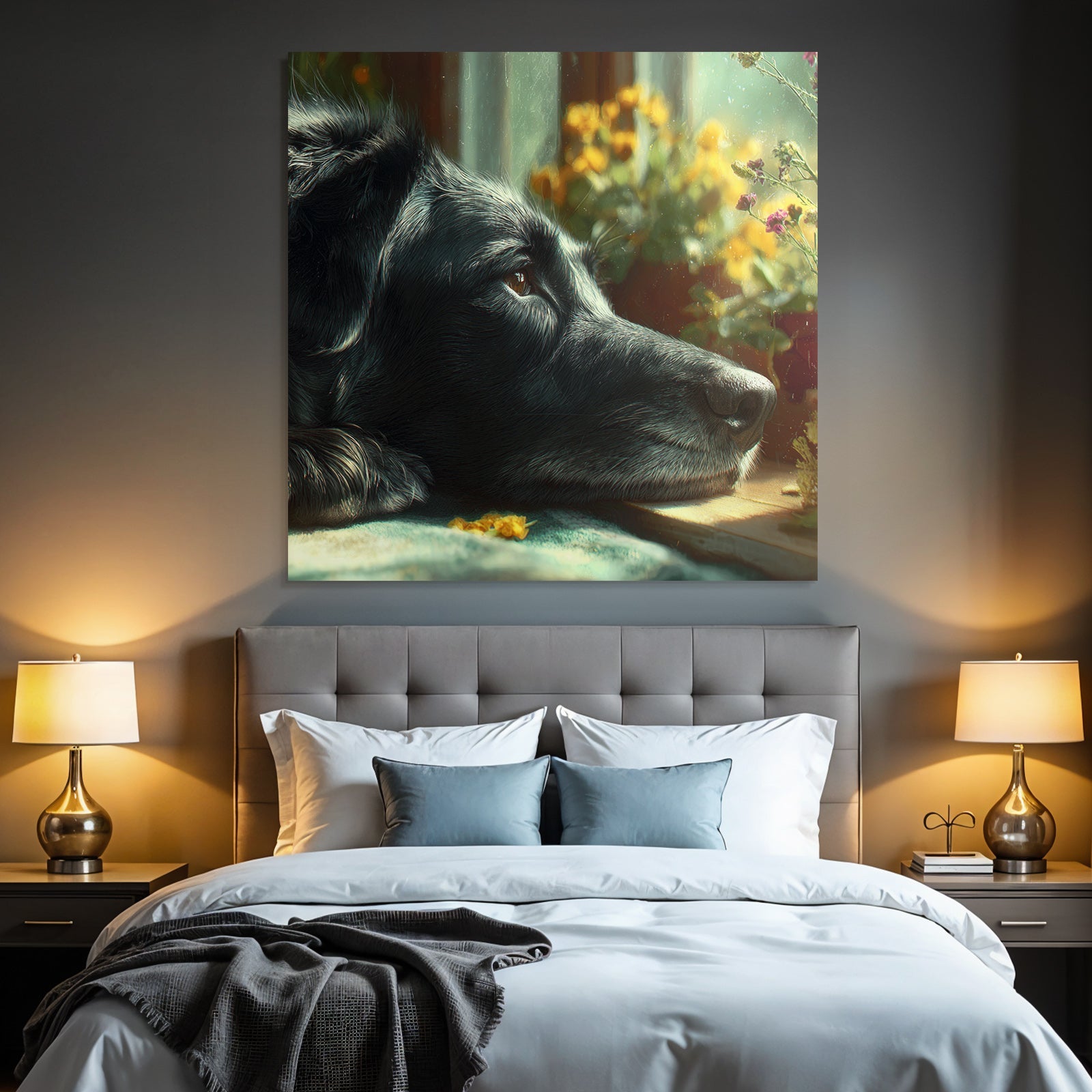 Schwarzer Hund In Der Sonne Mit Blumen Neben Fenster