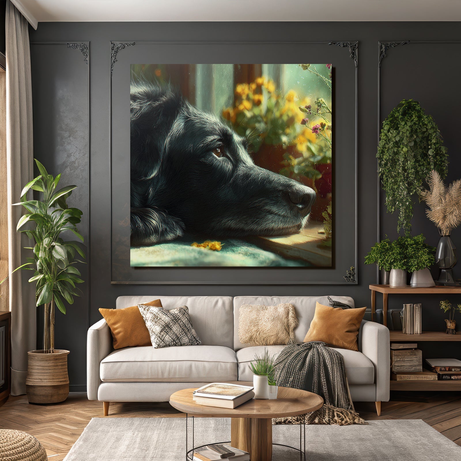 Schwarzer Hund In Der Sonne Mit Blumen Neben Fenster