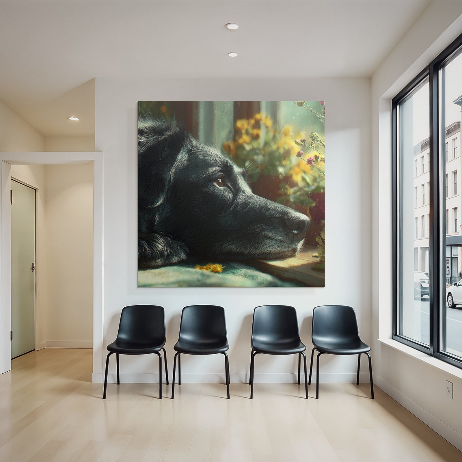 Schwarzer Hund In Der Sonne Mit Blumen Neben Fenster