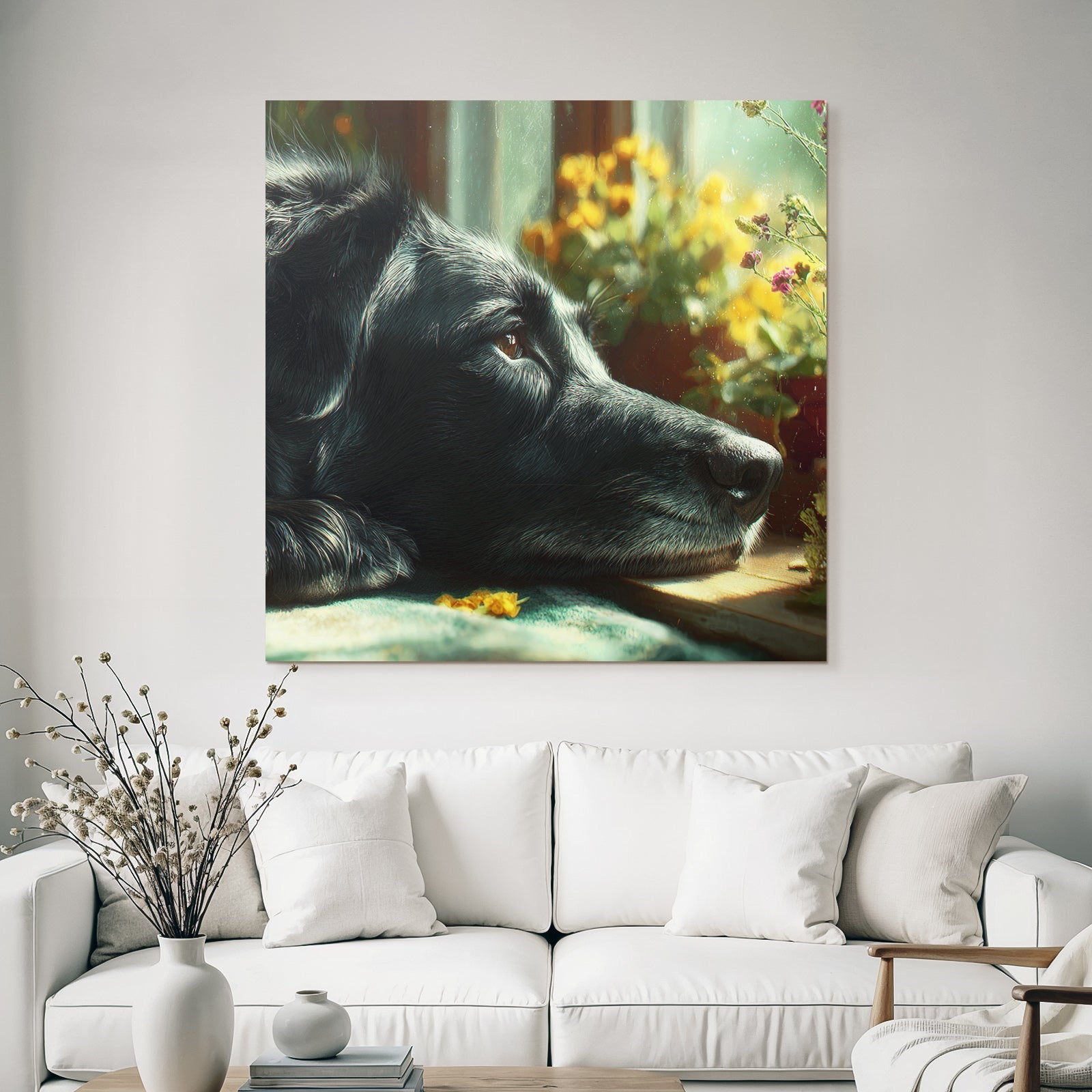 Schwarzer Hund In Der Sonne Mit Blumen Neben Fenster