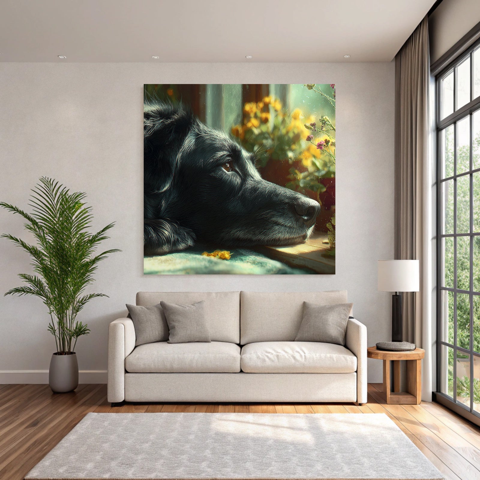 Schwarzer Hund In Der Sonne Mit Blumen Neben Fenster