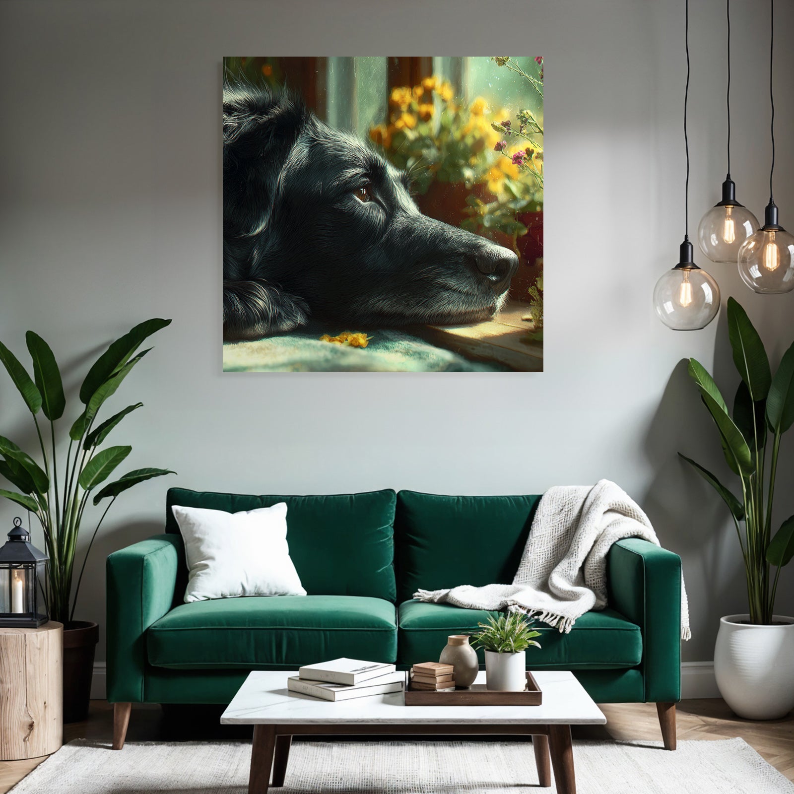 Schwarzer Hund In Der Sonne Mit Blumen Neben Fenster