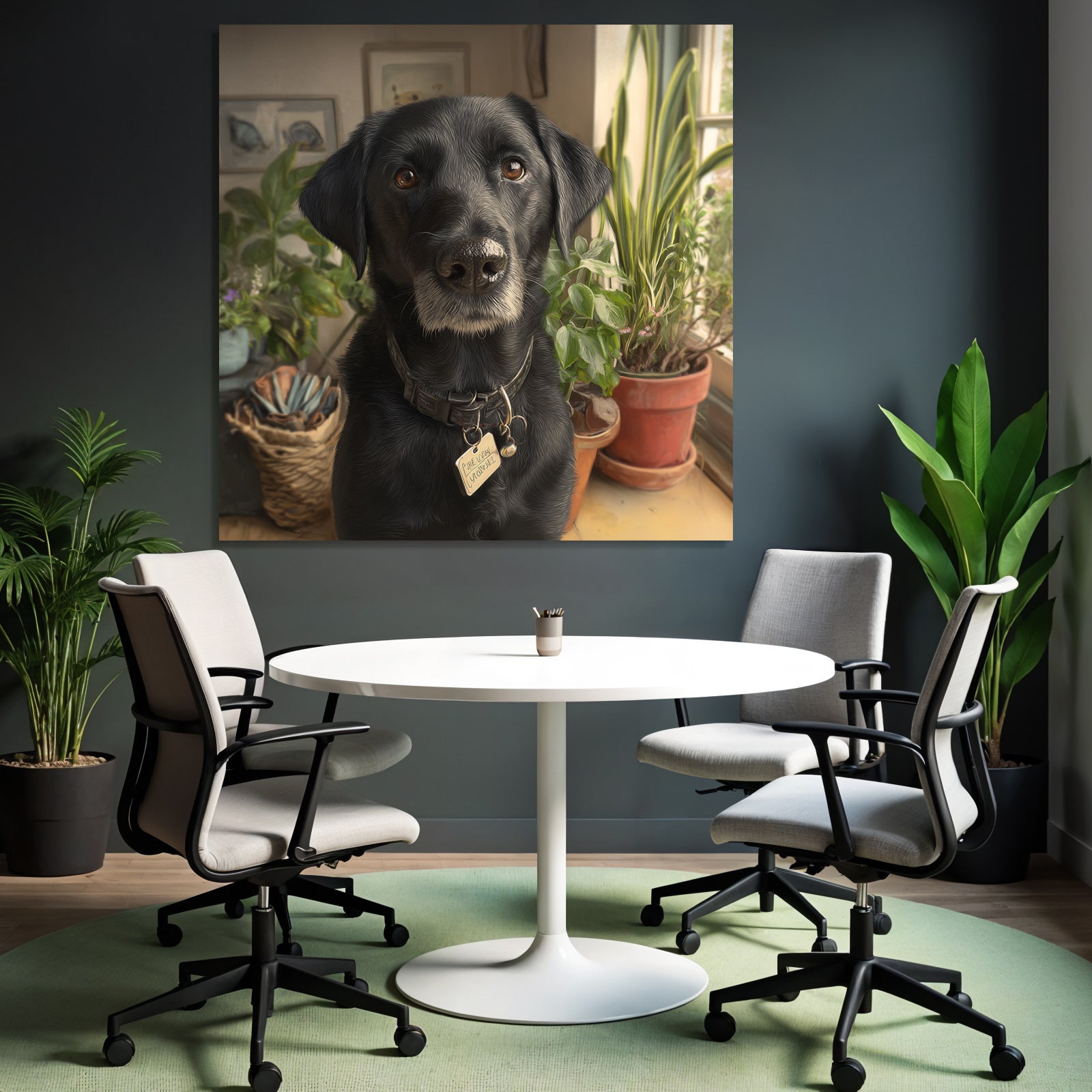 Schwarzer Hund In Einem Gemütlichen Zimmer Mit Pflanzen Und Kunst