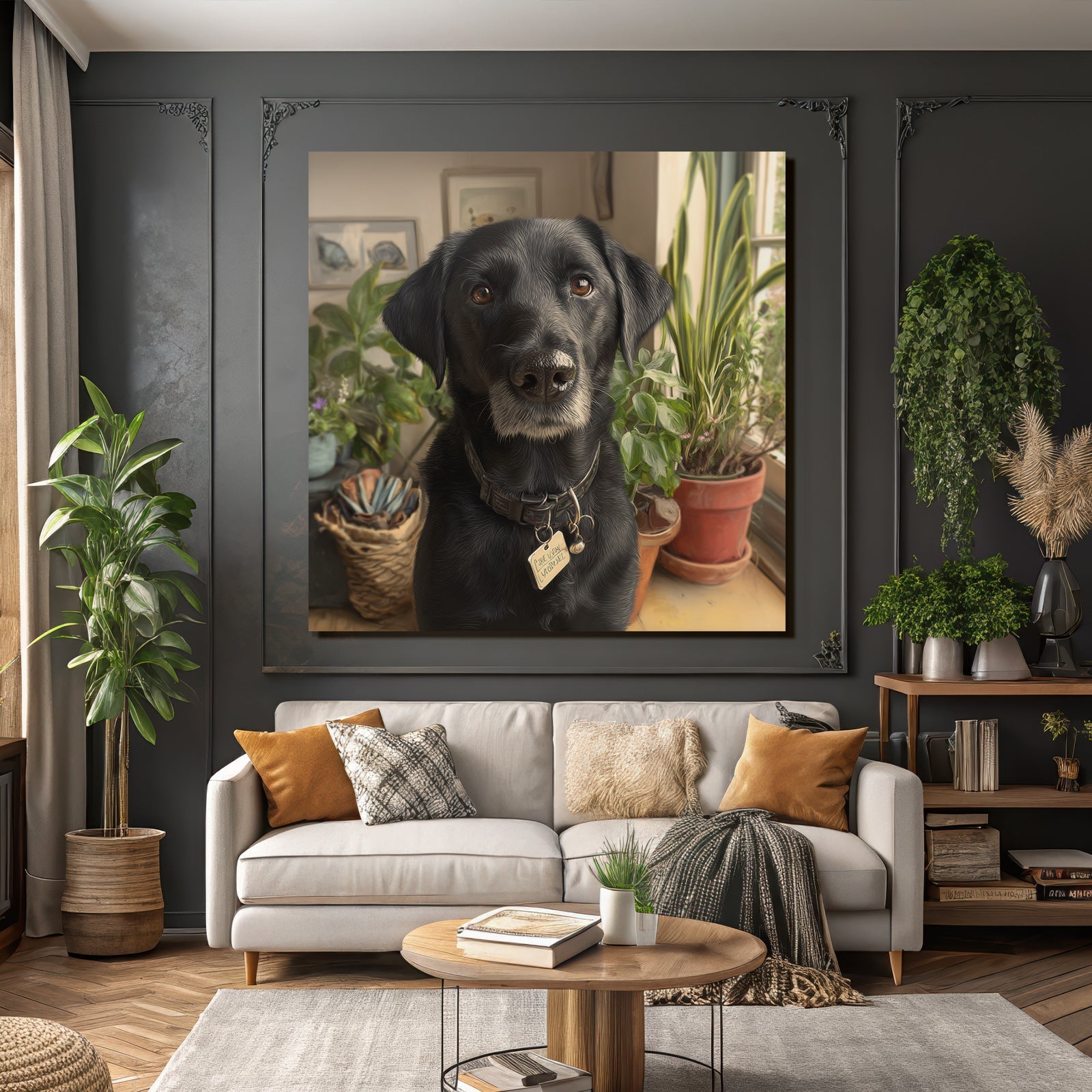 Schwarzer Hund In Einem Gemütlichen Zimmer Mit Pflanzen Und Kunst