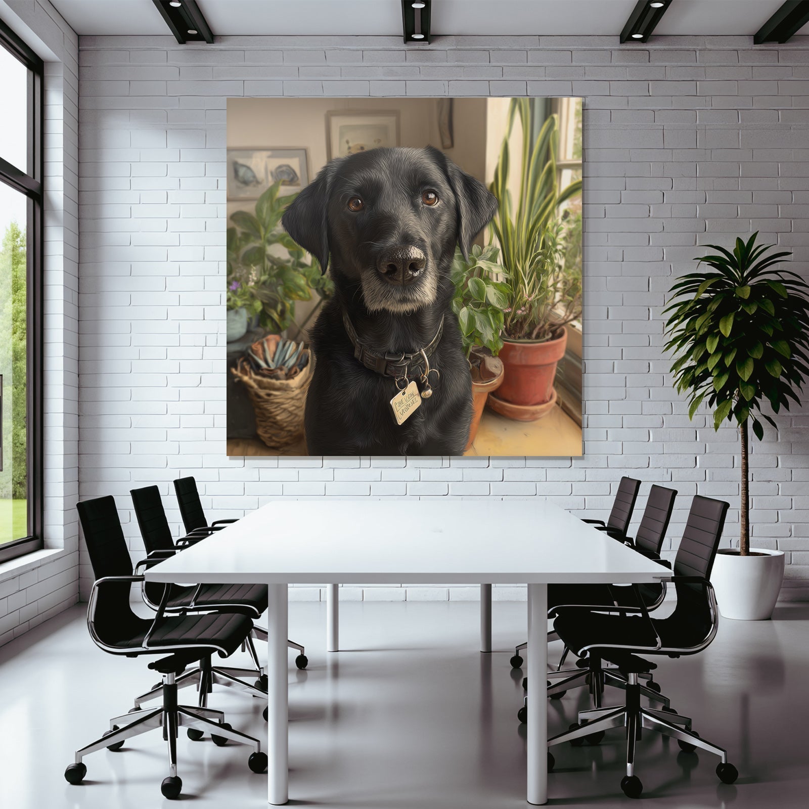 Schwarzer Hund In Einem Gemütlichen Zimmer Mit Pflanzen Und Kunst