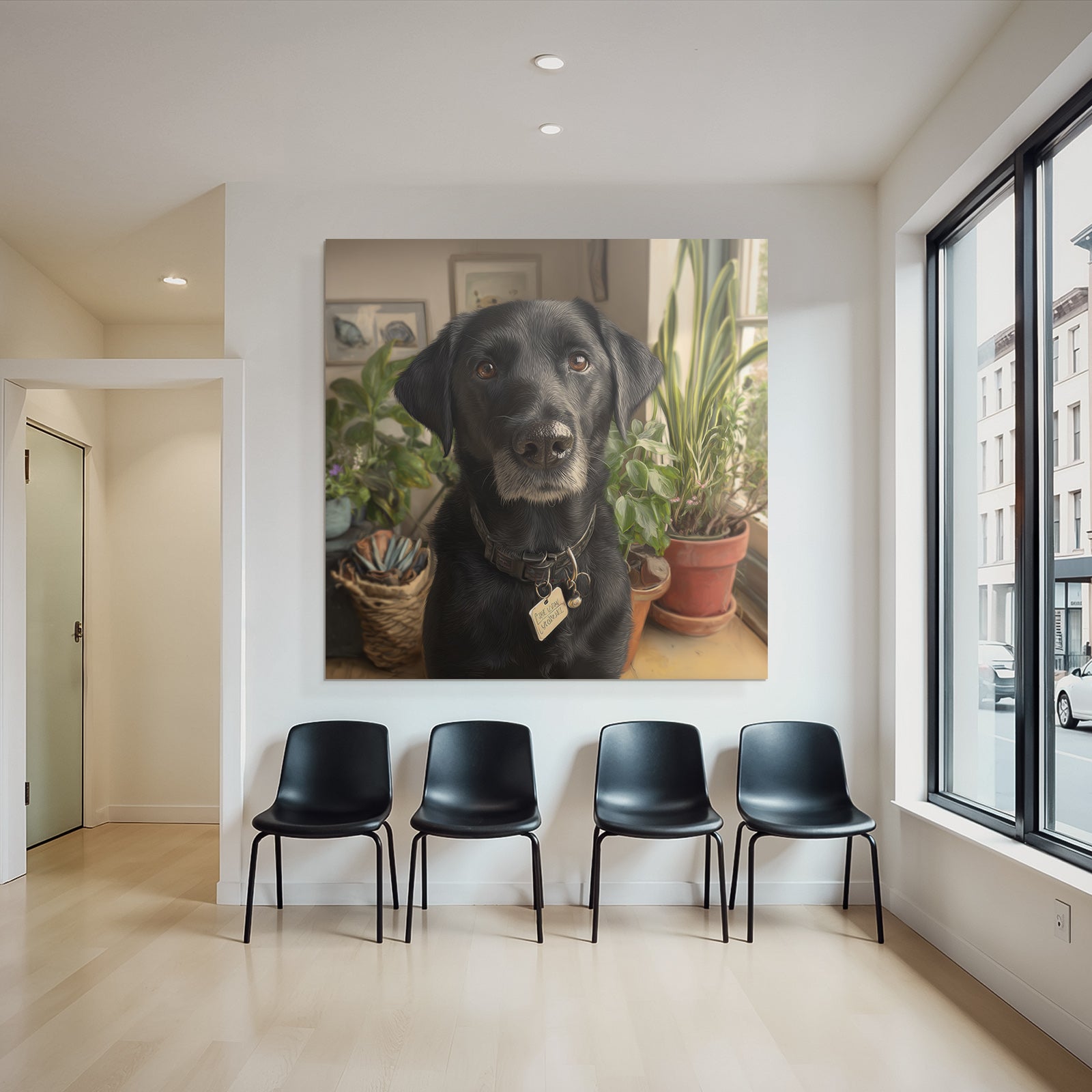 Schwarzer Hund In Einem Gemütlichen Zimmer Mit Pflanzen Und Kunst