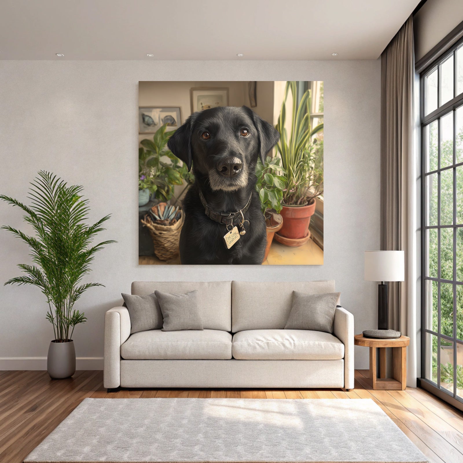 Schwarzer Hund In Einem Gemütlichen Zimmer Mit Pflanzen Und Kunst