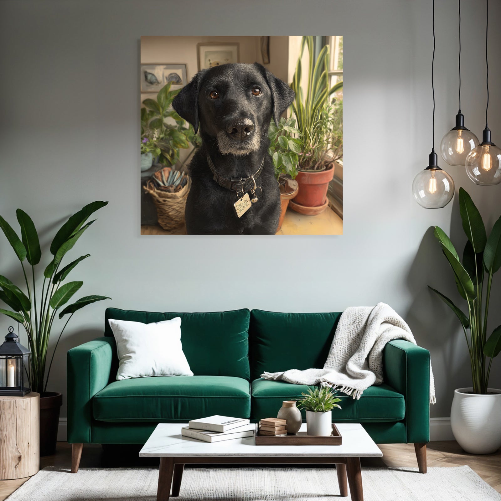 Schwarzer Hund In Einem Gemütlichen Zimmer Mit Pflanzen Und Kunst