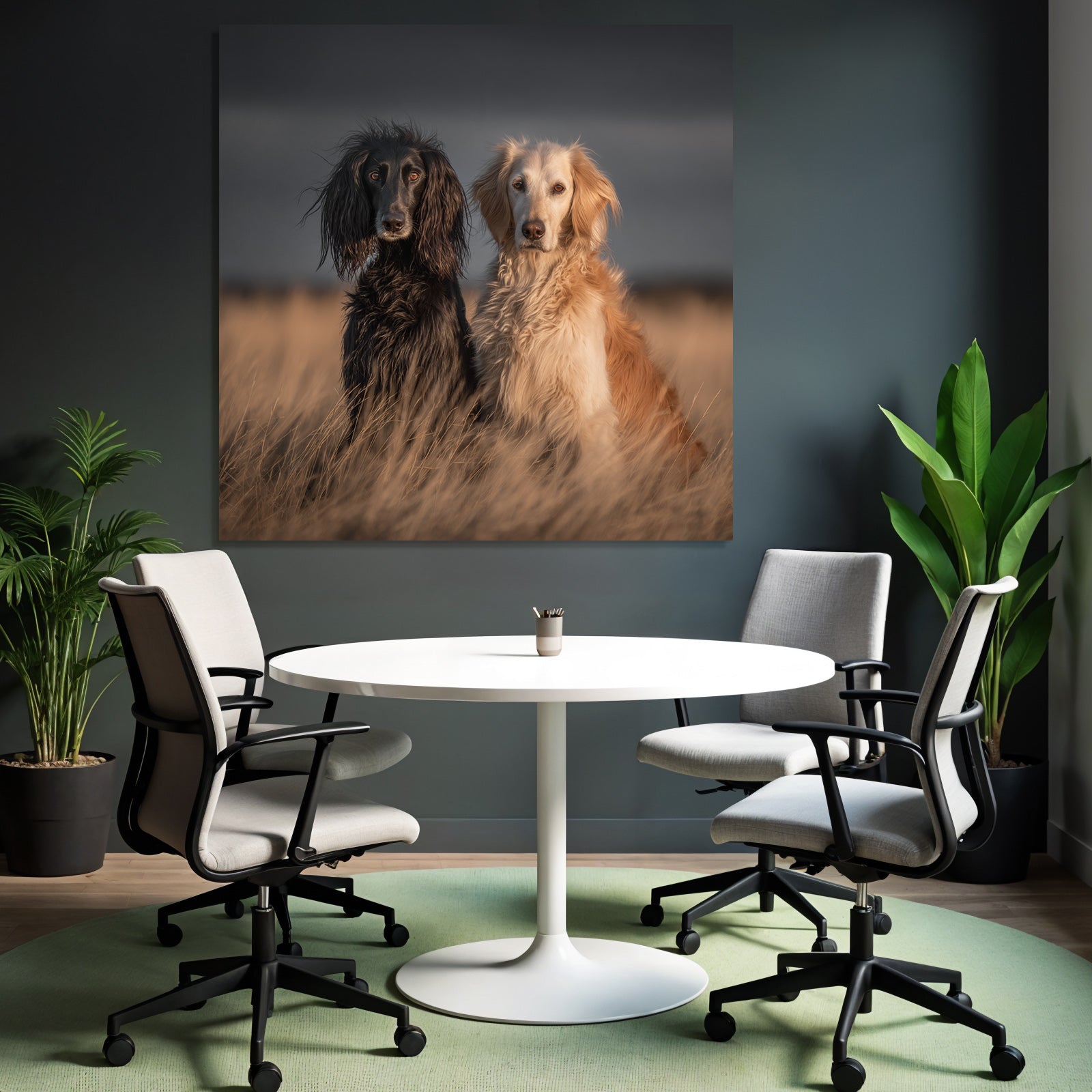 Schwarzer Hund Mit Langem Fell Und Goldener Hund Im Feld